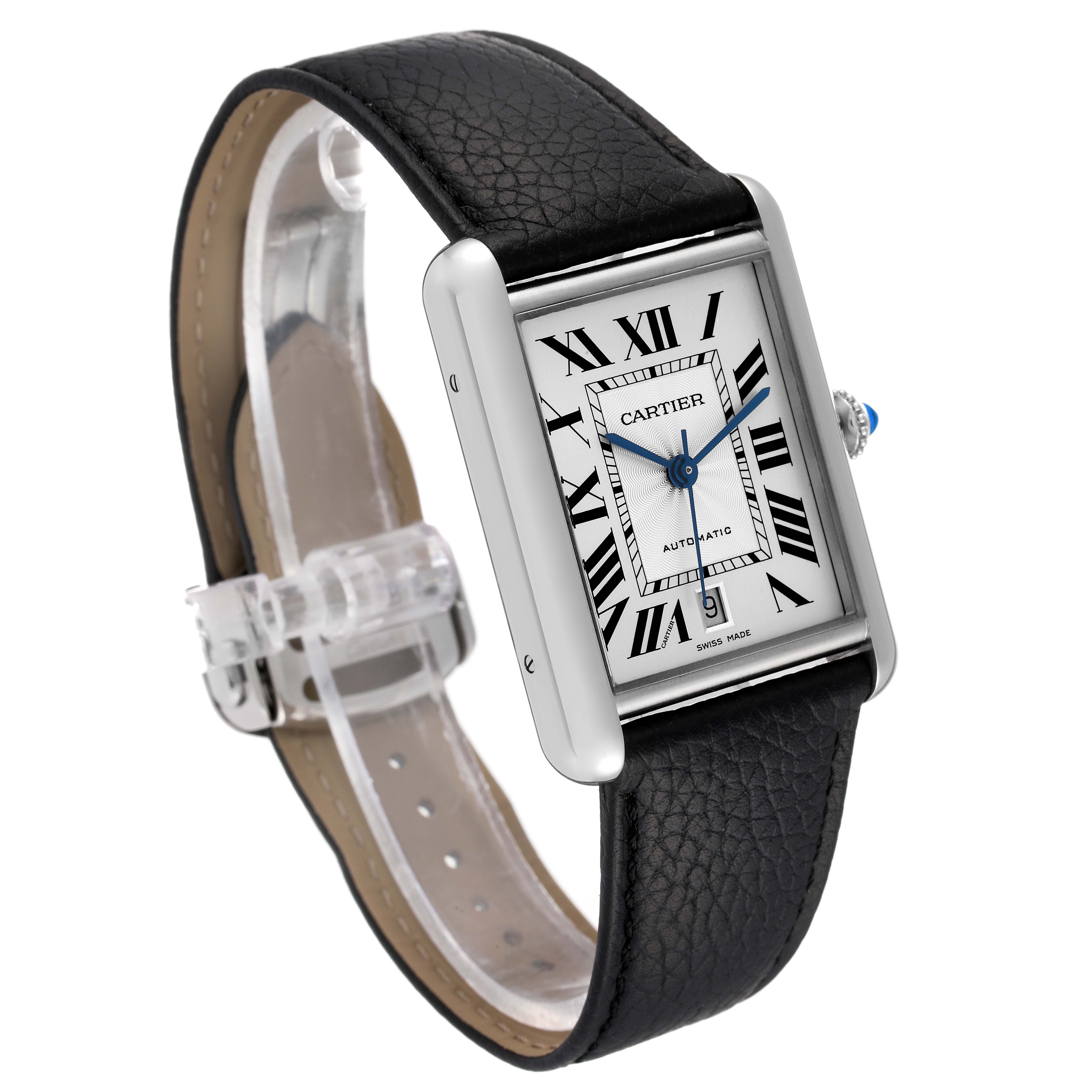 The image shows a Cartier Tank Must WSTA0040 Men's Stainless Steel Silver Dial WSTA0040 Men's Stainless Steel Silver Dial watch from a three-quarter angle, displaying its dial, case, and leather strap.
