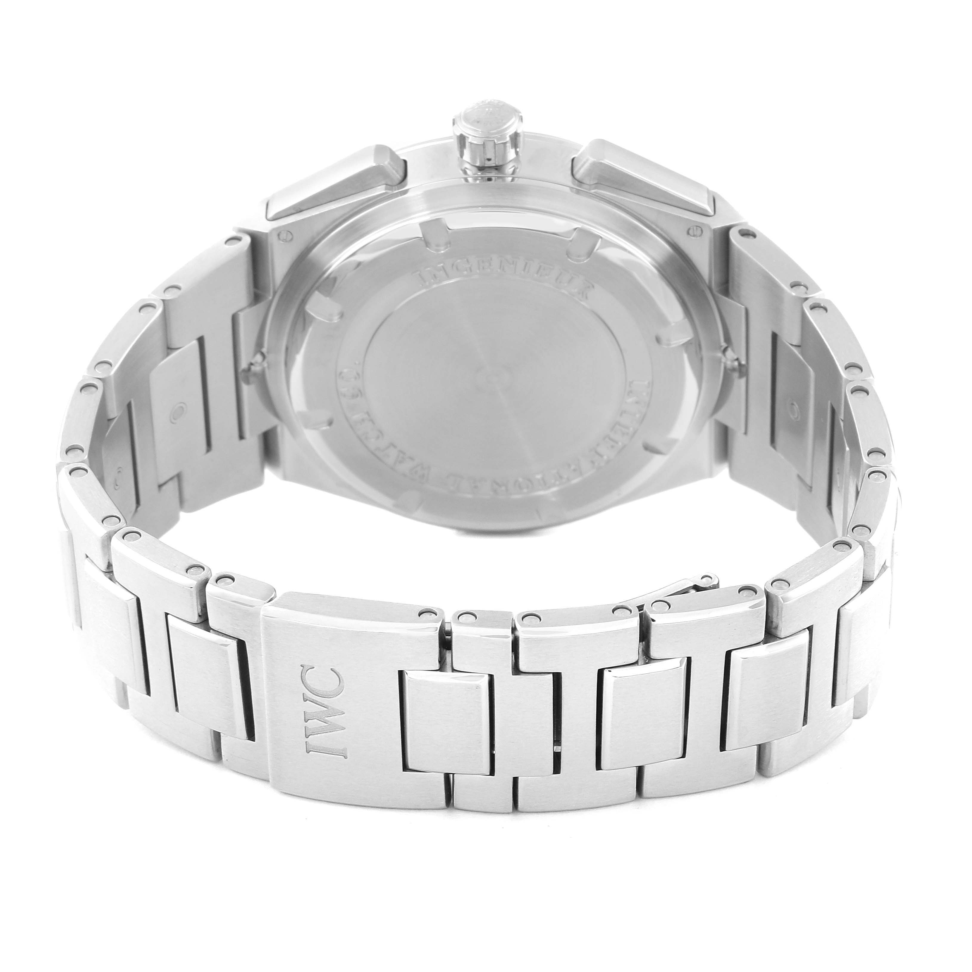 The image shows the back of an IWC Ingenieur 63240 Men's Stainless Steel Black Dial 63240 Men's Stainless Steel Black Dial watch, focusing on the metal bracelet and clasp.