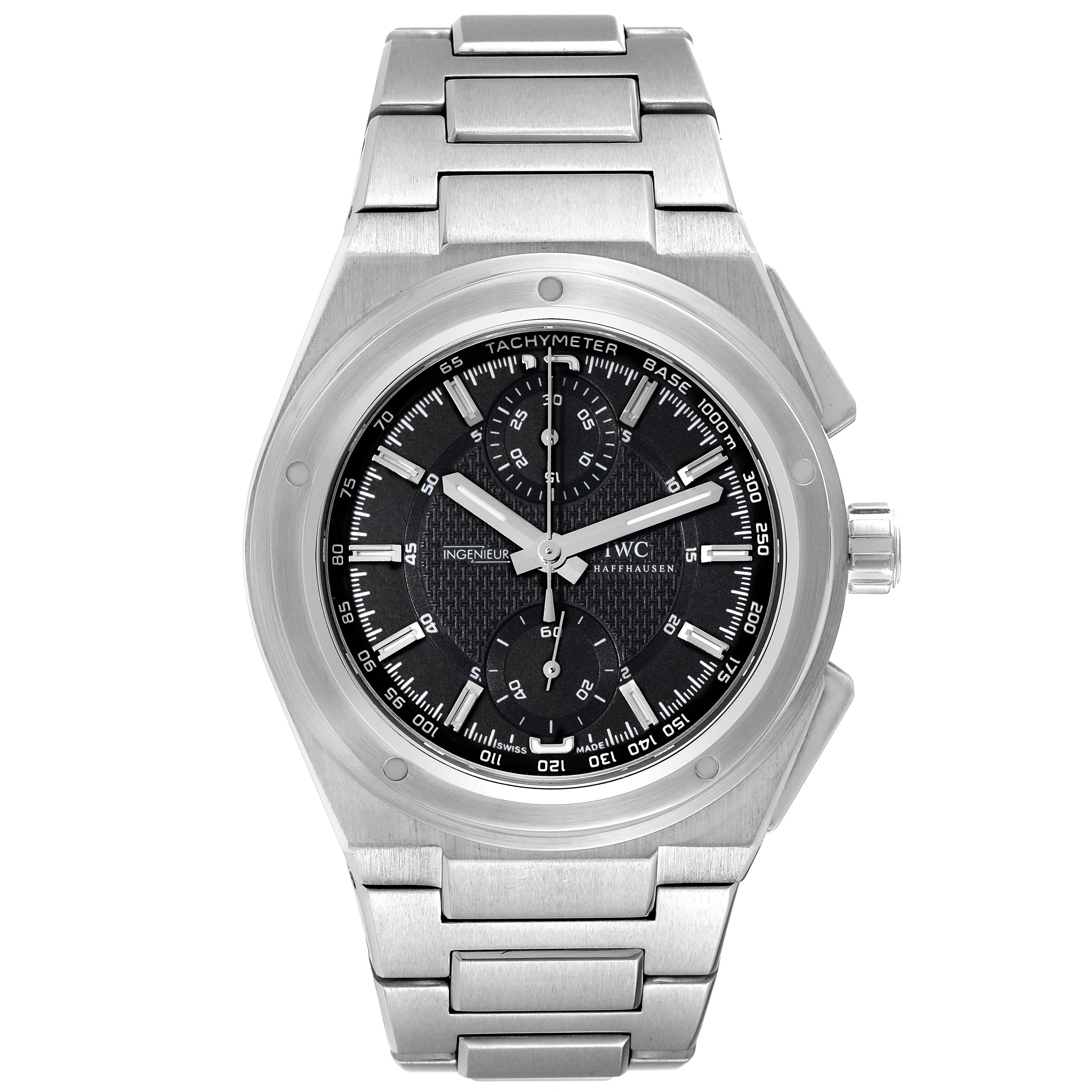 The image shows a front view of the IWC Ingenieur 63240 Men's Stainless Steel Black Dial 63240 Men's Stainless Steel Black Dial watch, highlighting its dial, bezel, and stainless steel bracelet.