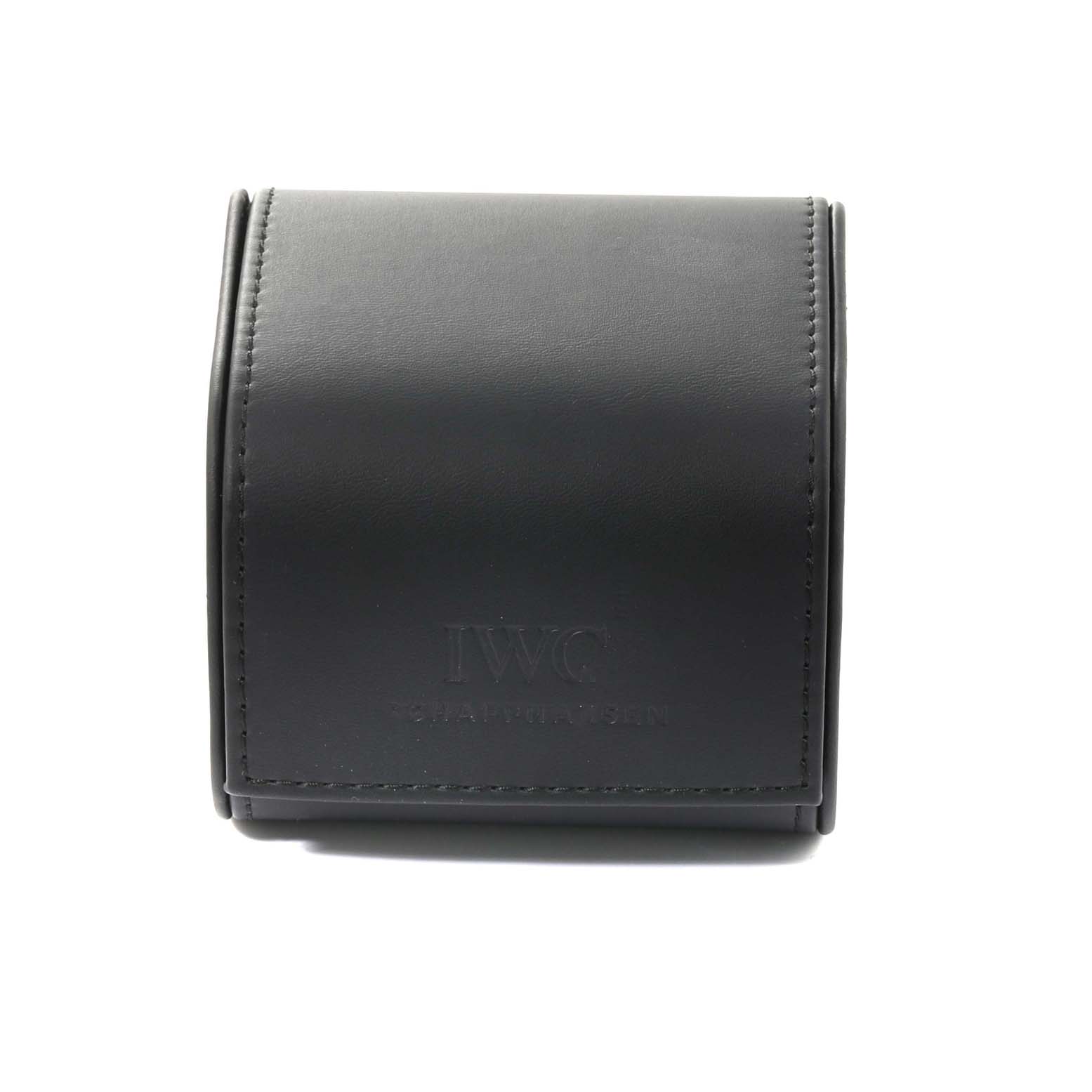 A front-facing view of the black leather case for the IWC Ingenieur 63240 Men's Stainless Steel Black Dial 63240 Men's Stainless Steel Black Dial watch is shown.