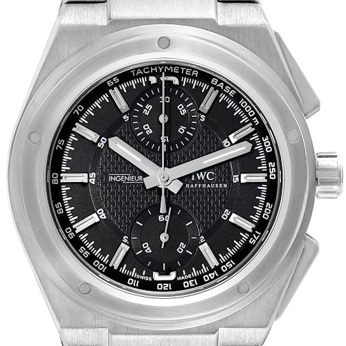 The IWC Ingenieur watch is shown from the front, displaying the dial, hands, subdials, bezel, and crown.