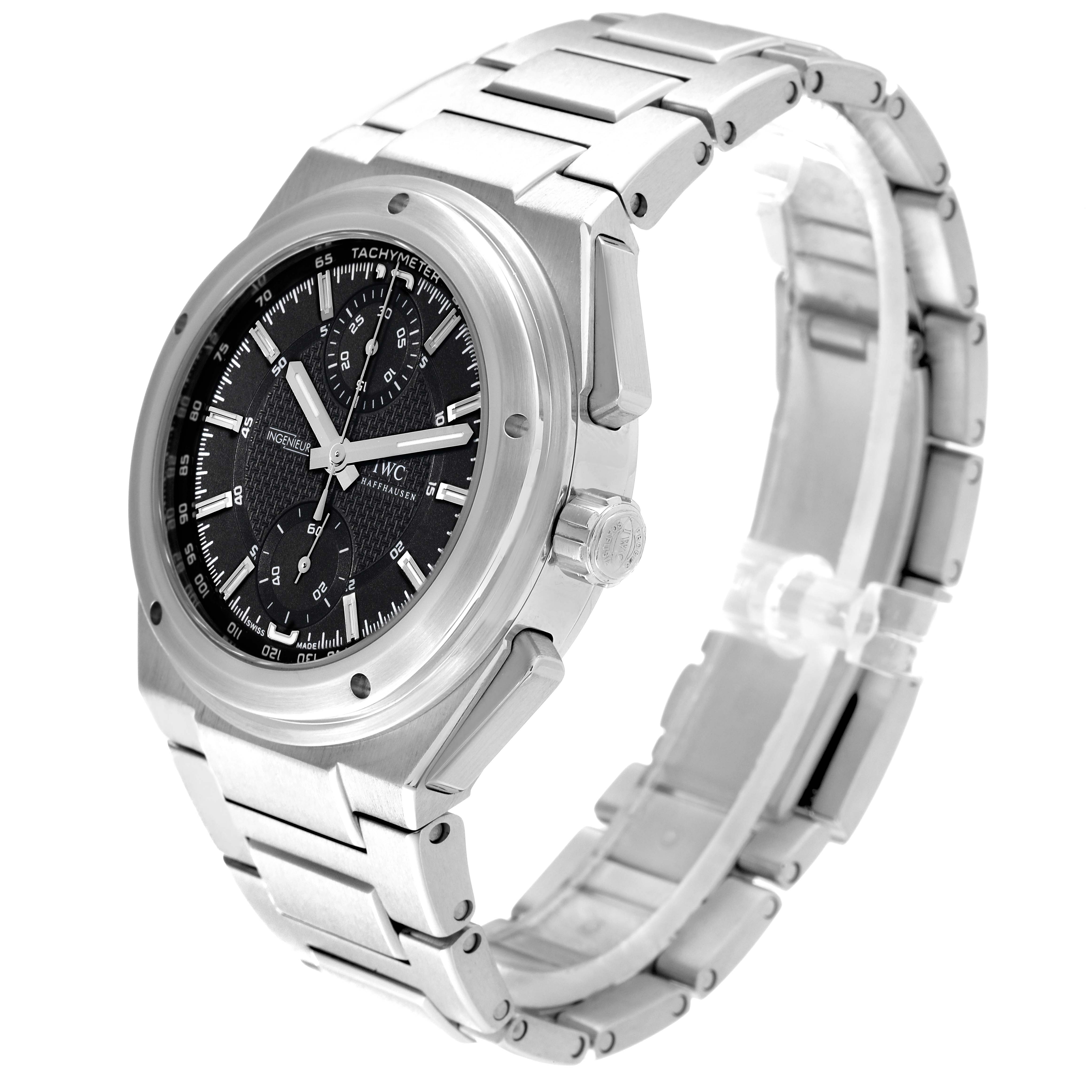The IWC Ingenieur 63240 Men's Stainless Steel Black Dial 63240 Men's Stainless Steel Black Dial watch is shown at a slight side angle, displaying its face, bezel, crown, and part of the bracelet.