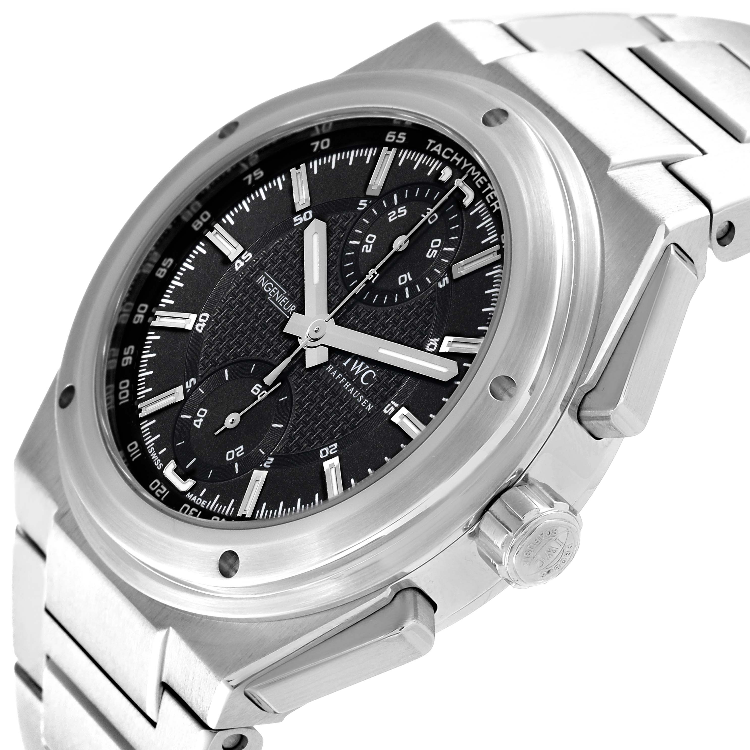 The image shows the IWC Ingenieur 63240 Men's Stainless Steel Black Dial 63240 Men's Stainless Steel Black Dial watch at an angle highlighting the face, bezel, crown, and a portion of the metal bracelet.