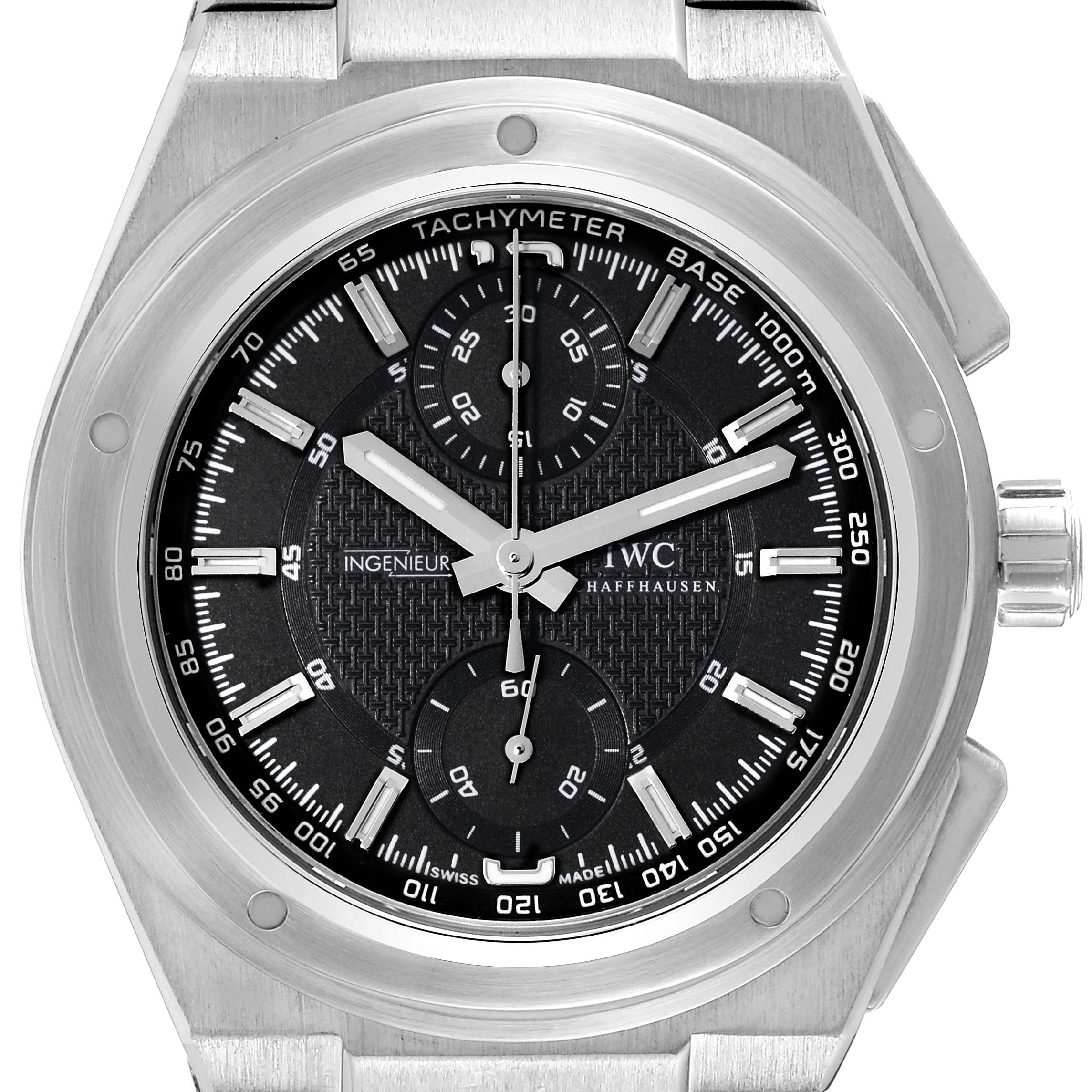 The IWC Ingenieur 63240 Men's Stainless Steel Black Dial 63240 Men's Stainless Steel Black Dial watch is shown from a front angle, displaying its tachymeter, chronograph subdials, and stainless steel case.