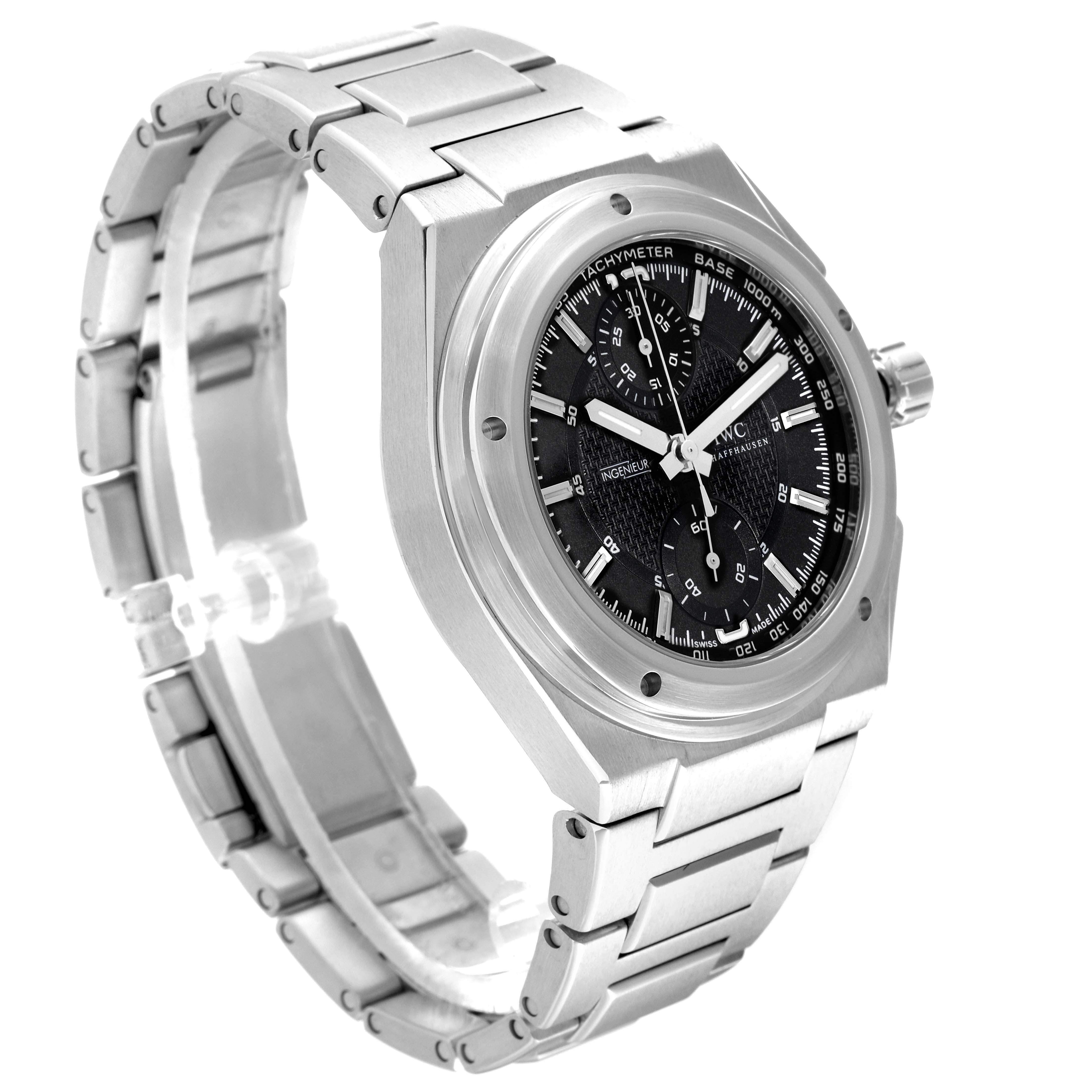 The IWC Ingenieur 63240 Men's Stainless Steel Black Dial 63240 Men's Stainless Steel Black Dial watch is shown at a front angle, highlighting its face and metal bracelet.