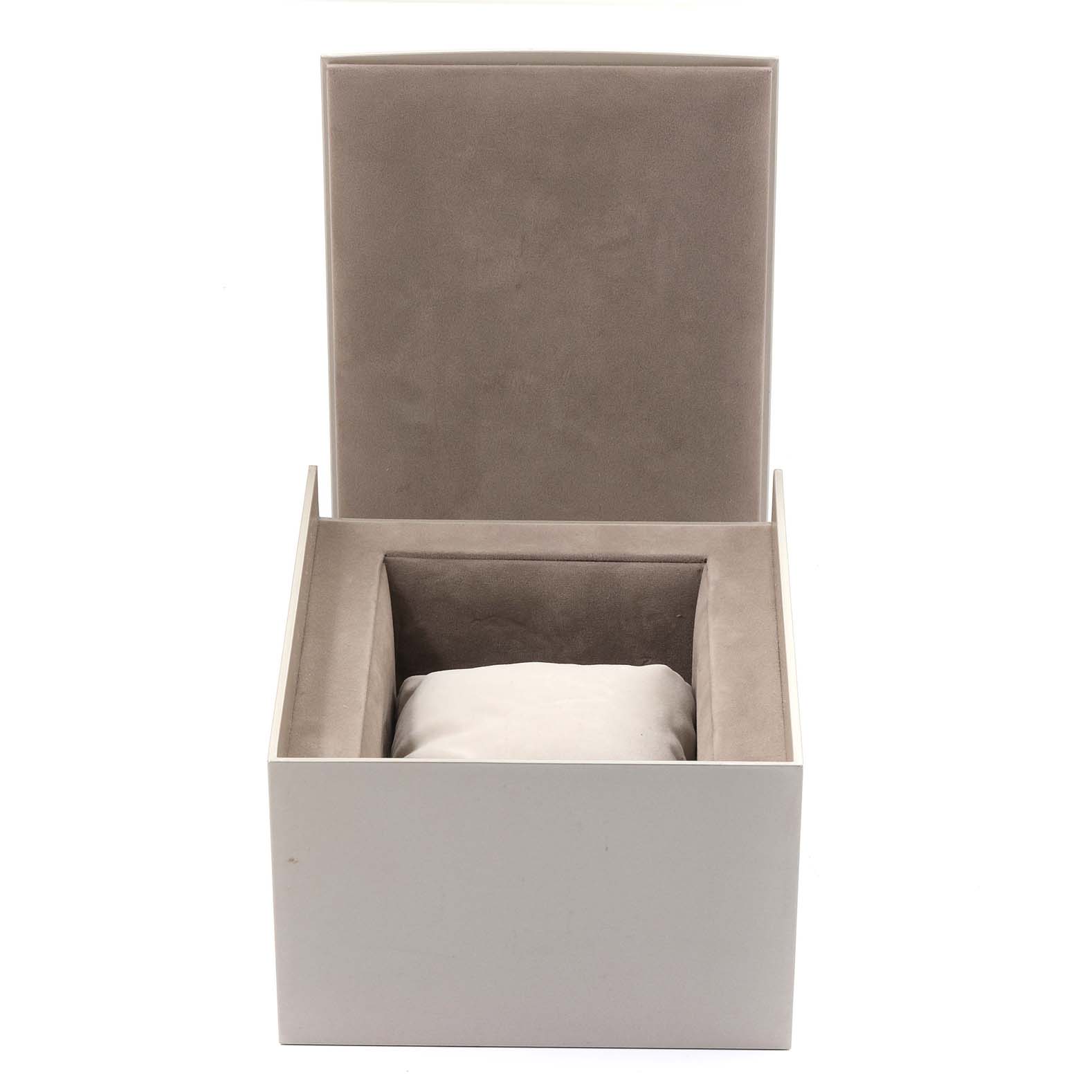 The image shows an open luxury watch box for the Jaeger LeCoultre Master Q186T770 Men's Stainless Steel Black Dial Q186T770 Men's Stainless Steel Black Dial model, displaying its interior in a suede-like material.