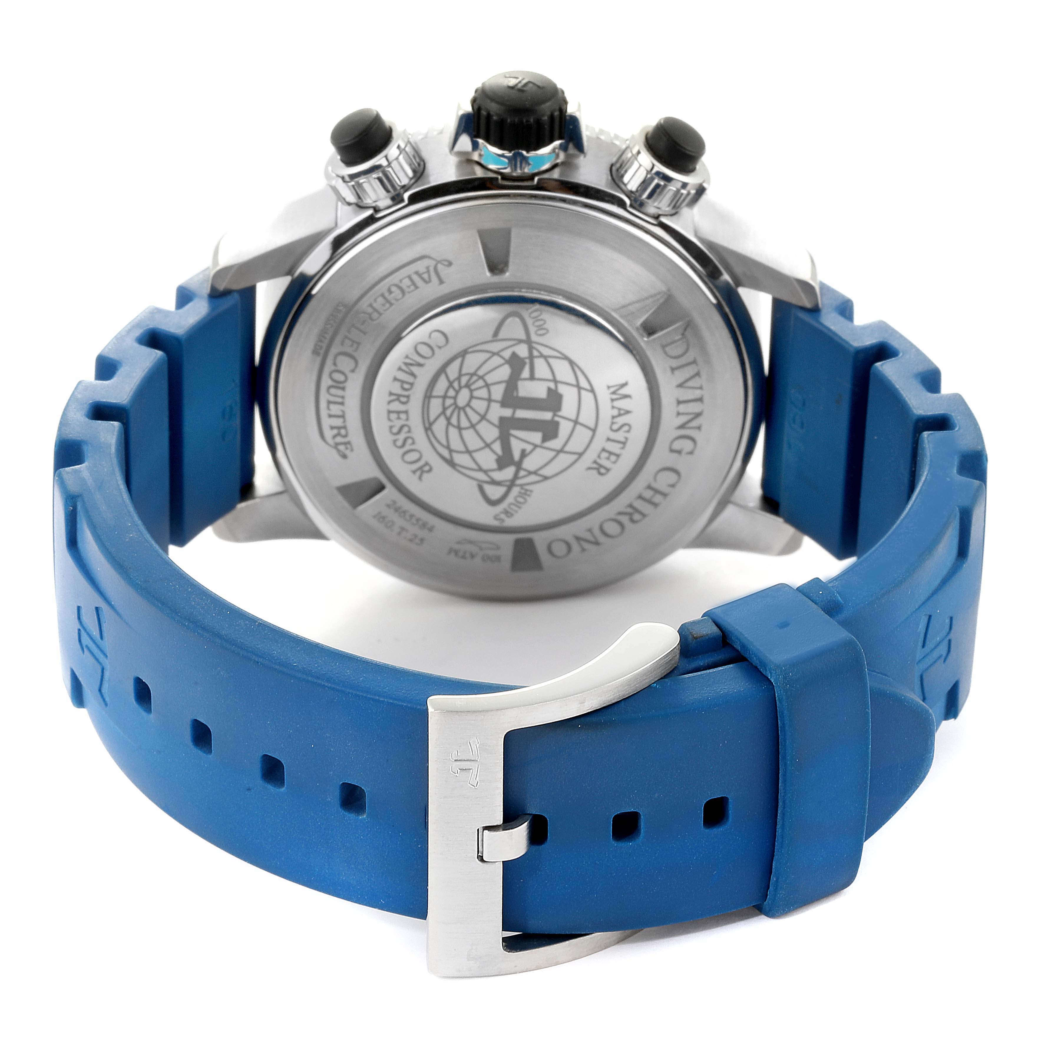 This image shows the back view of the Jaeger-LeCoultre Master watch, highlighting the case back and blue rubber strap clasp.