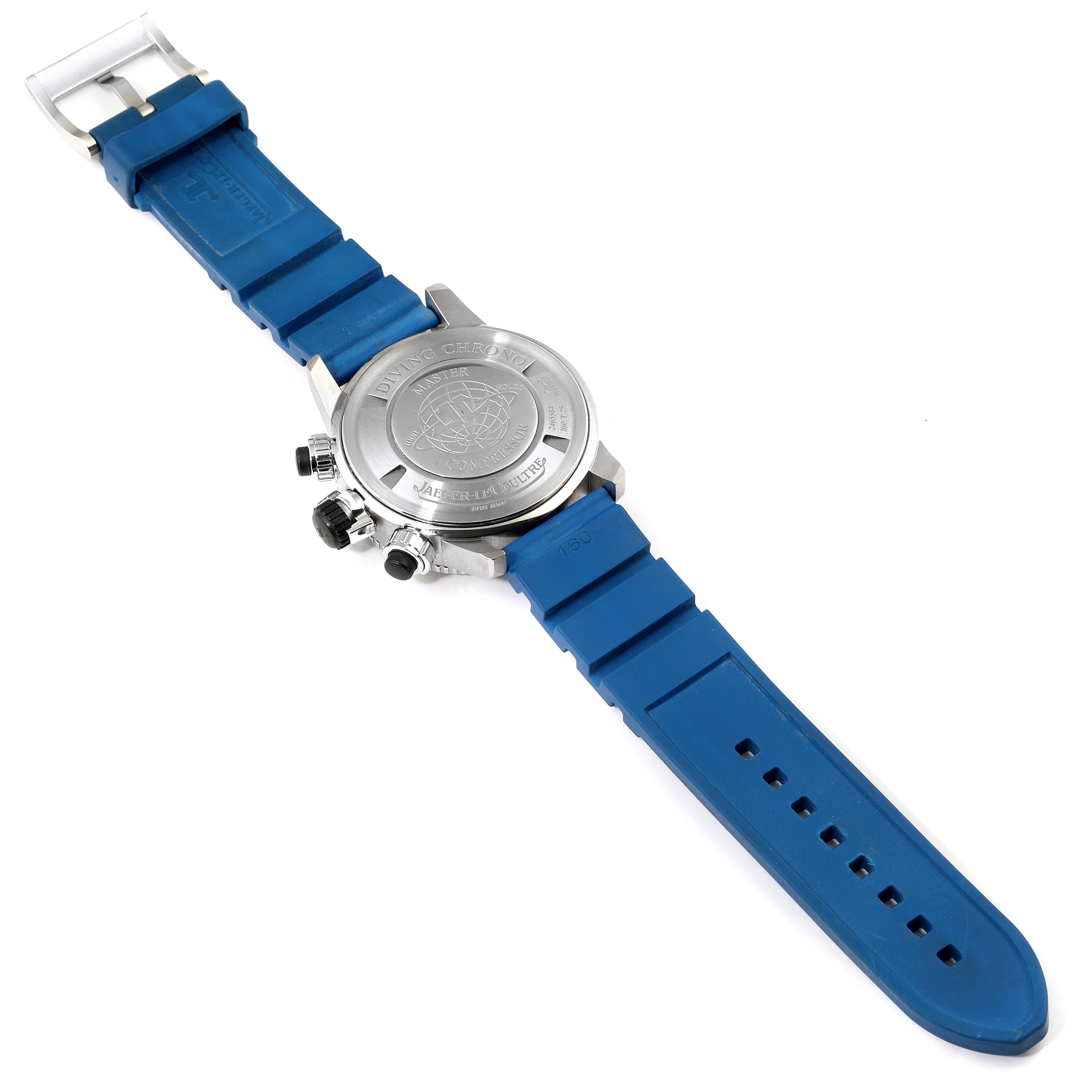 The image shows the back and strap of a Jaeger-LeCoultre Master model watch, featuring a blue rubber strap and metal case back.