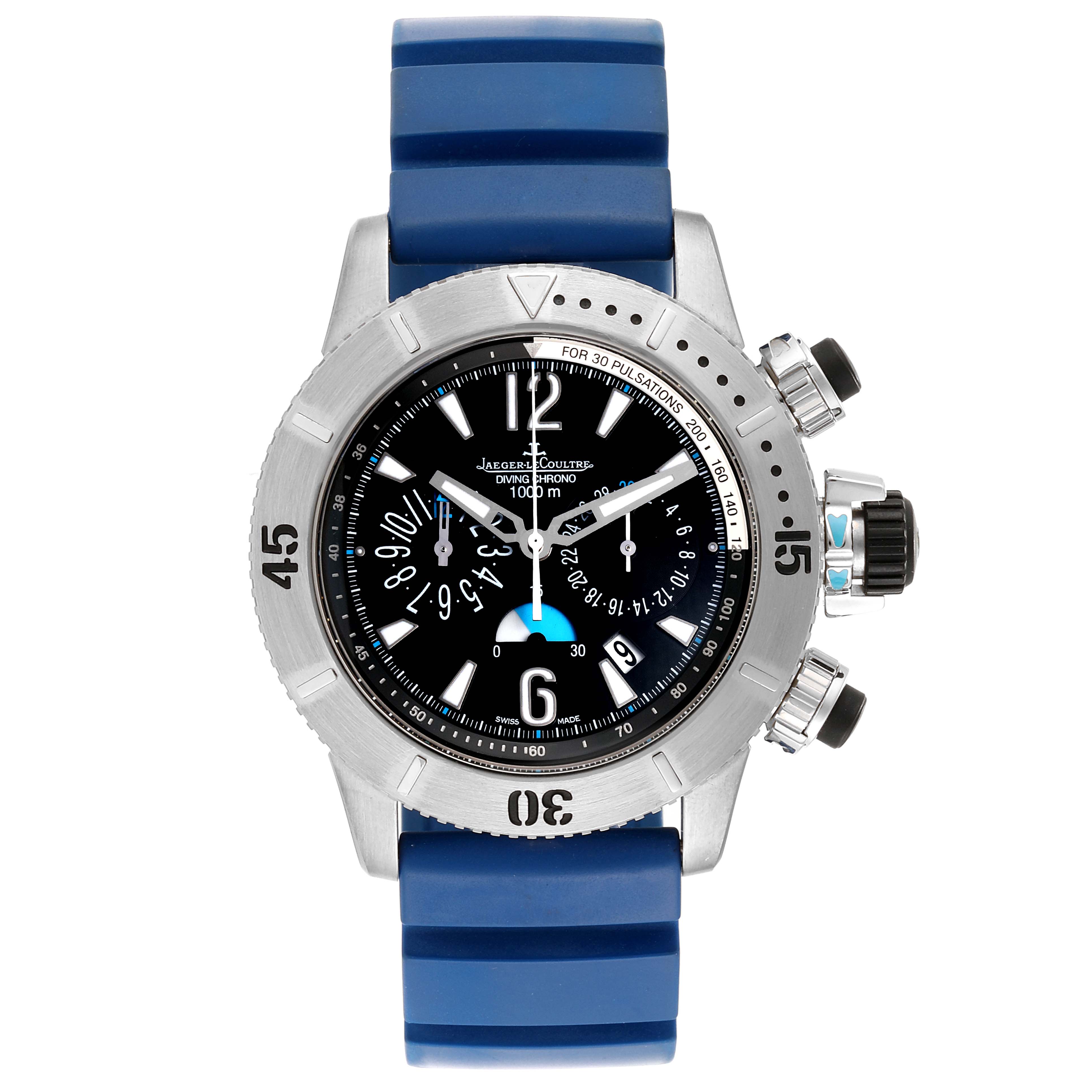 The image shows a front view of the Jaeger-LeCoultre Master model watch with a blue strap, displaying its bezel, dial, and crown.