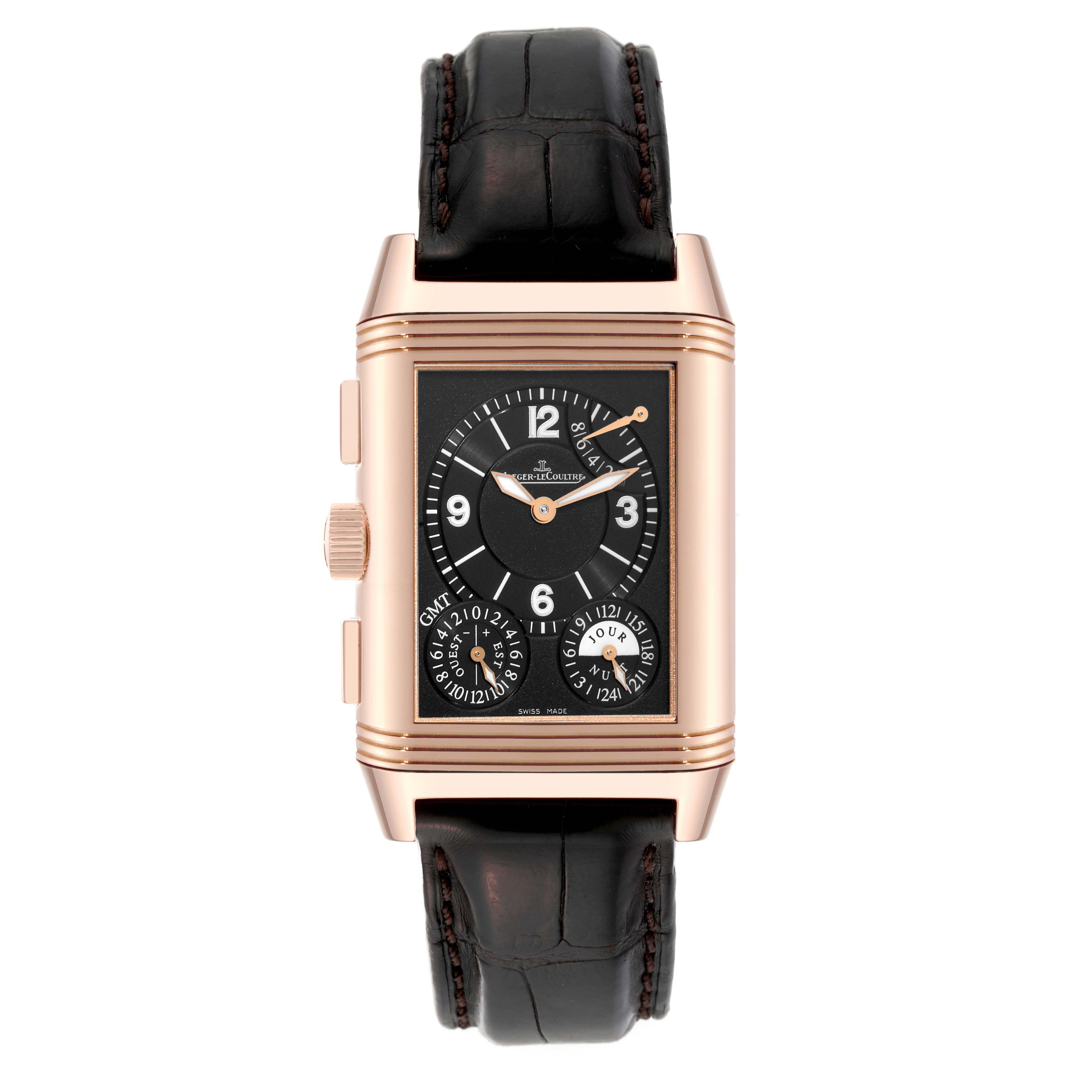 The Jaeger-LeCoultre Reverso watch is shown from a front view, displaying the case, face, and strap.