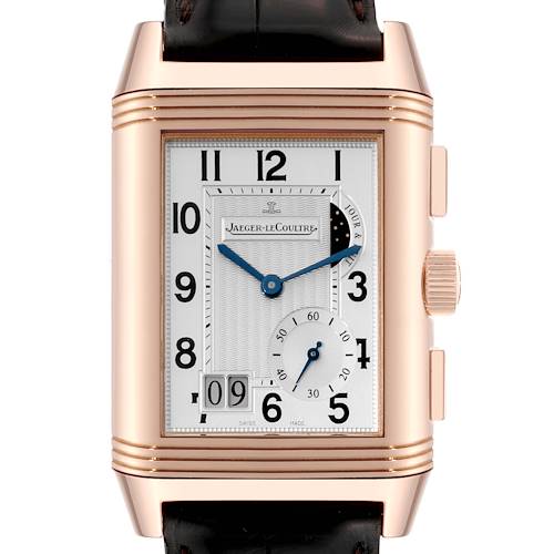 The image shows a frontal view of the Jaeger-LeCoultre Reverso watch, highlighting its dial and case.