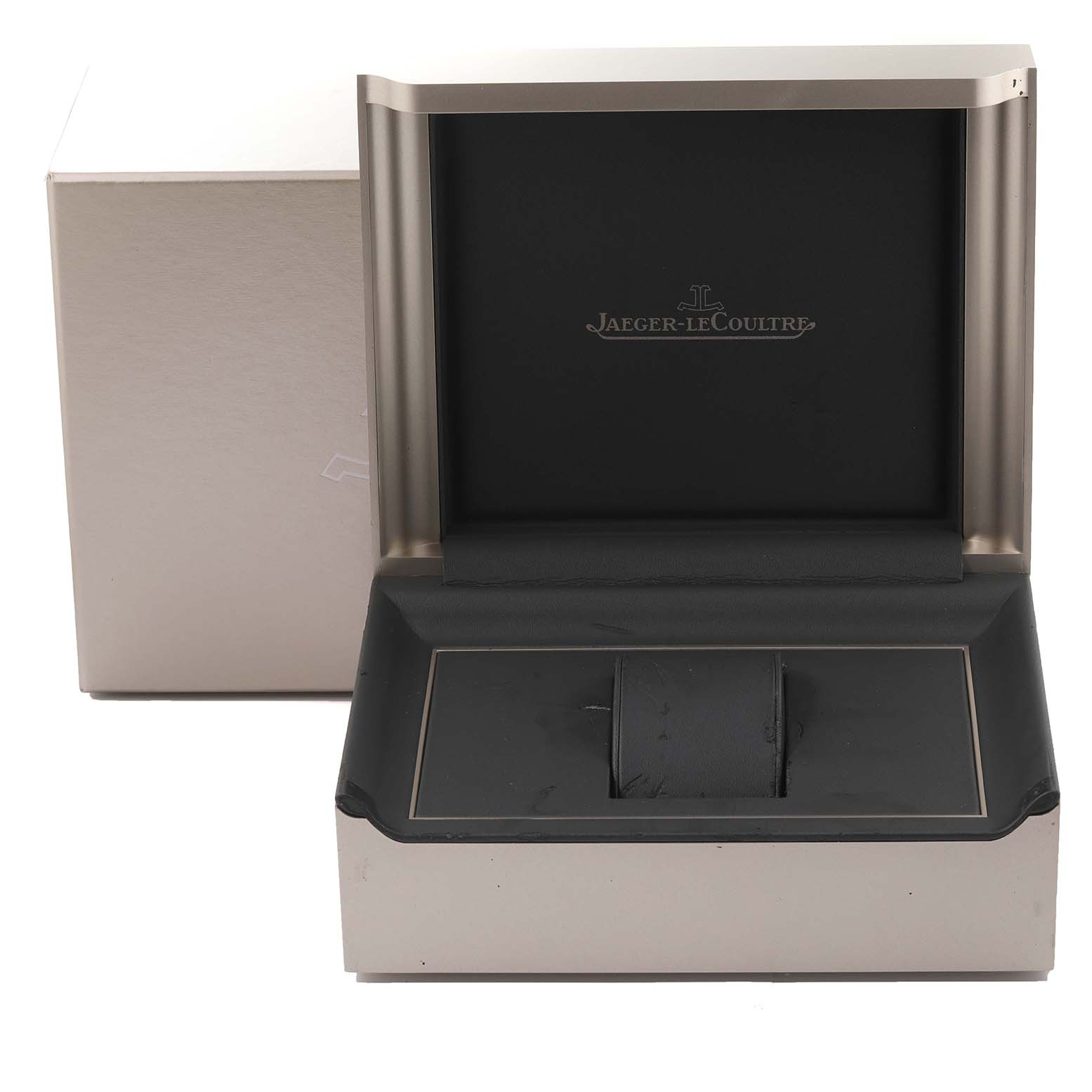 This image shows an open Jaeger LeCoultre Reverso Q3022420 Men's Rose Gold Silver Dial Q3022420 Men's Rose Gold Silver Dial watch box with the brand's logo visible.