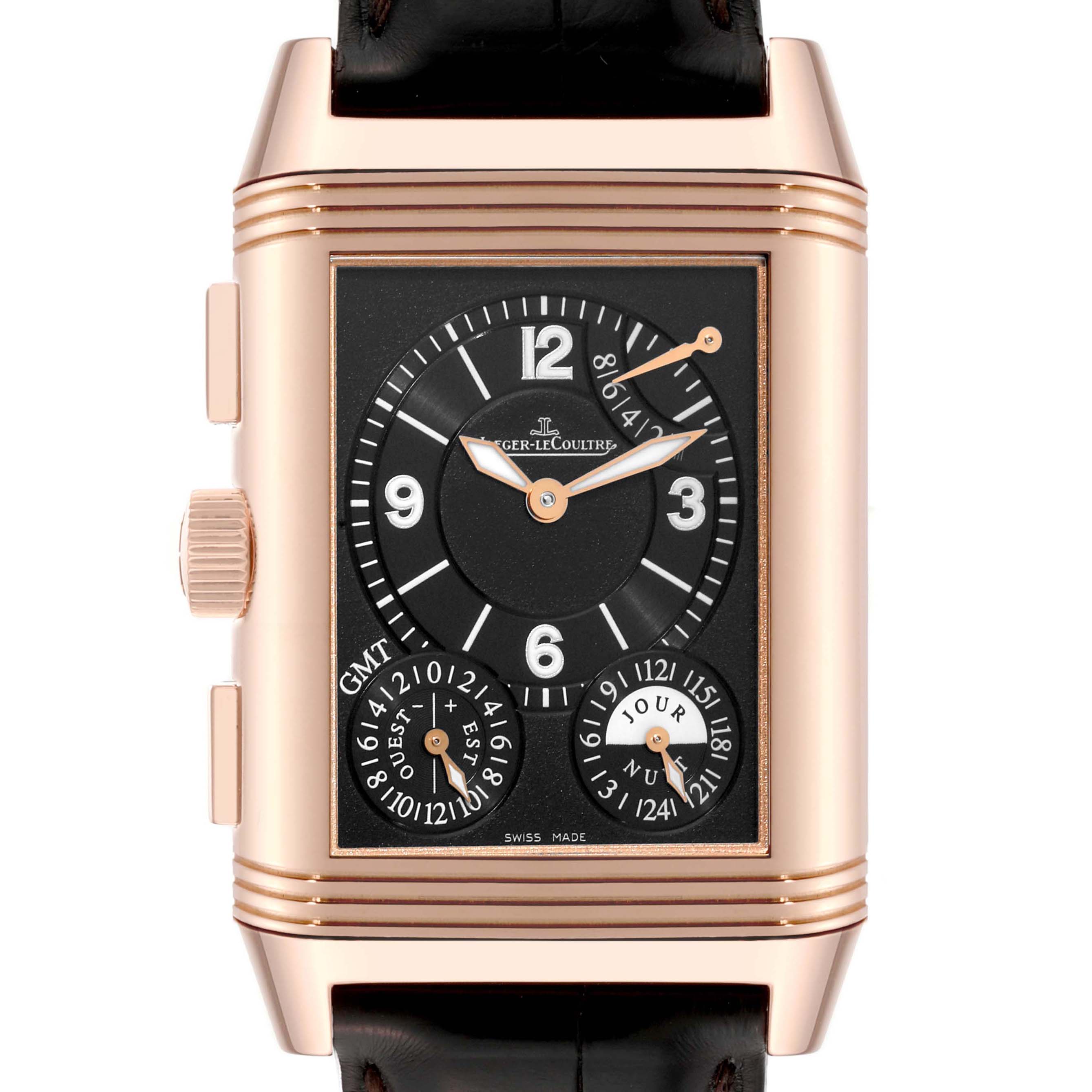 The image shows a Jaeger-LeCoultre Reverso watch from a front angle, highlighting its rectangular dial and side crown.