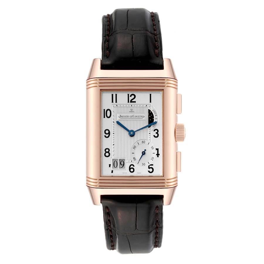 The Jaeger-LeCoultre Reverso watch is shown from a front view, displaying the dial, case, and part of the strap.