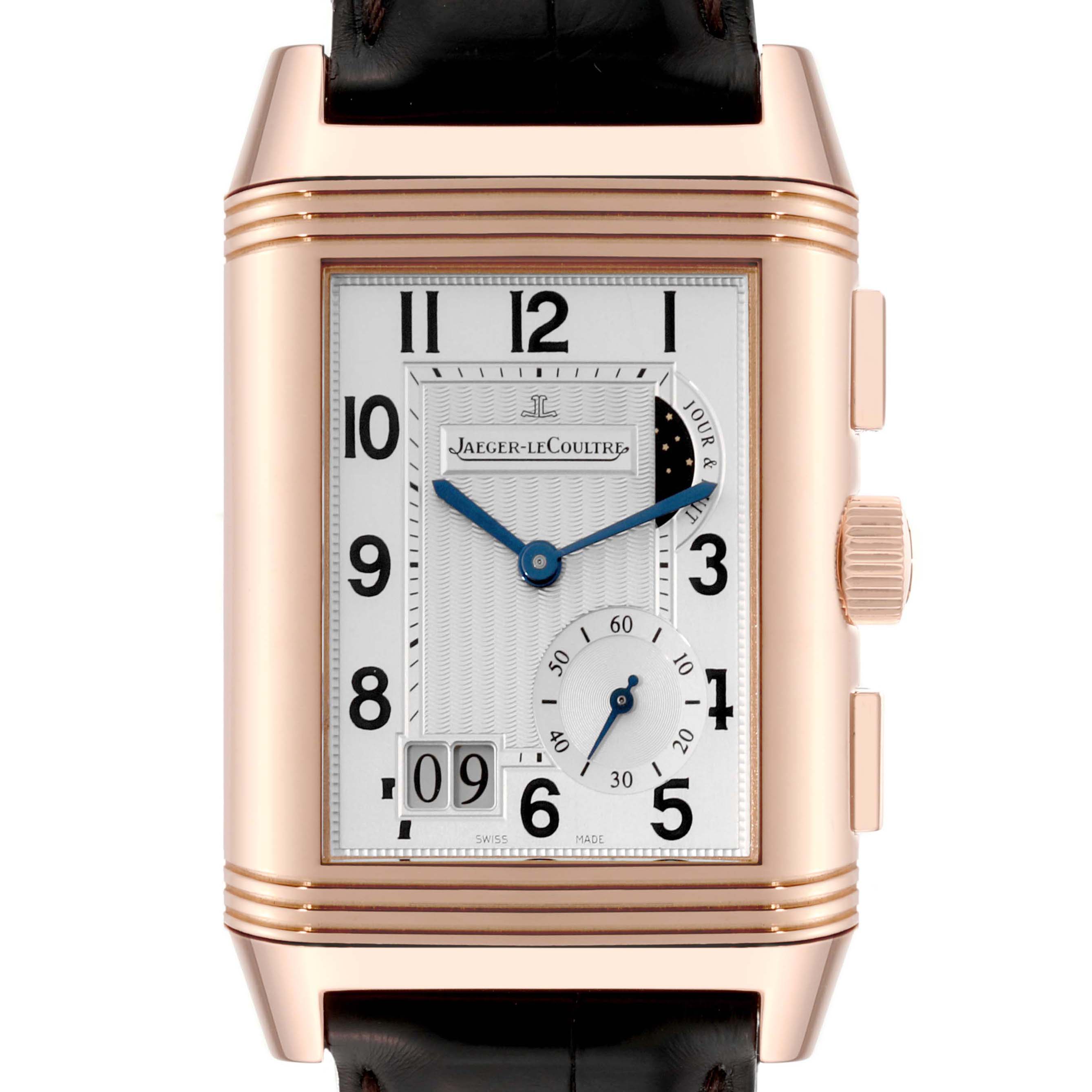 The image shows a frontal view of the Jaeger-LeCoultre Reverso, highlighting its rectangular dial and side crown.