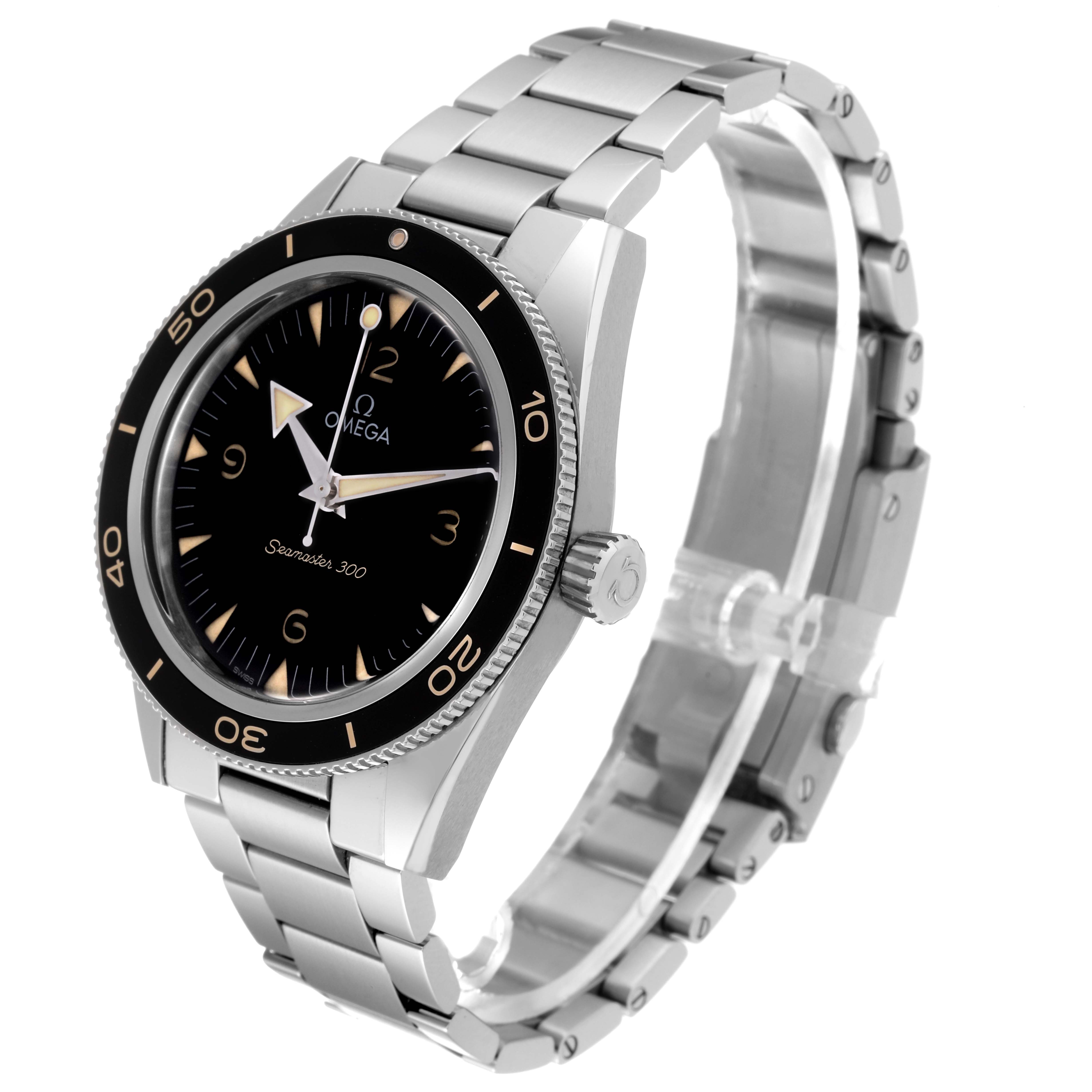 The image shows a side angle of the Omega Seamaster 234.30.41.21.01.001 Men
s Stainless Steel Black Dial 234.30.41.21.01.001 Men
s Stainless Steel Black Dial 300 watch, highlighting its black dial, bezel, and metal bracelet.