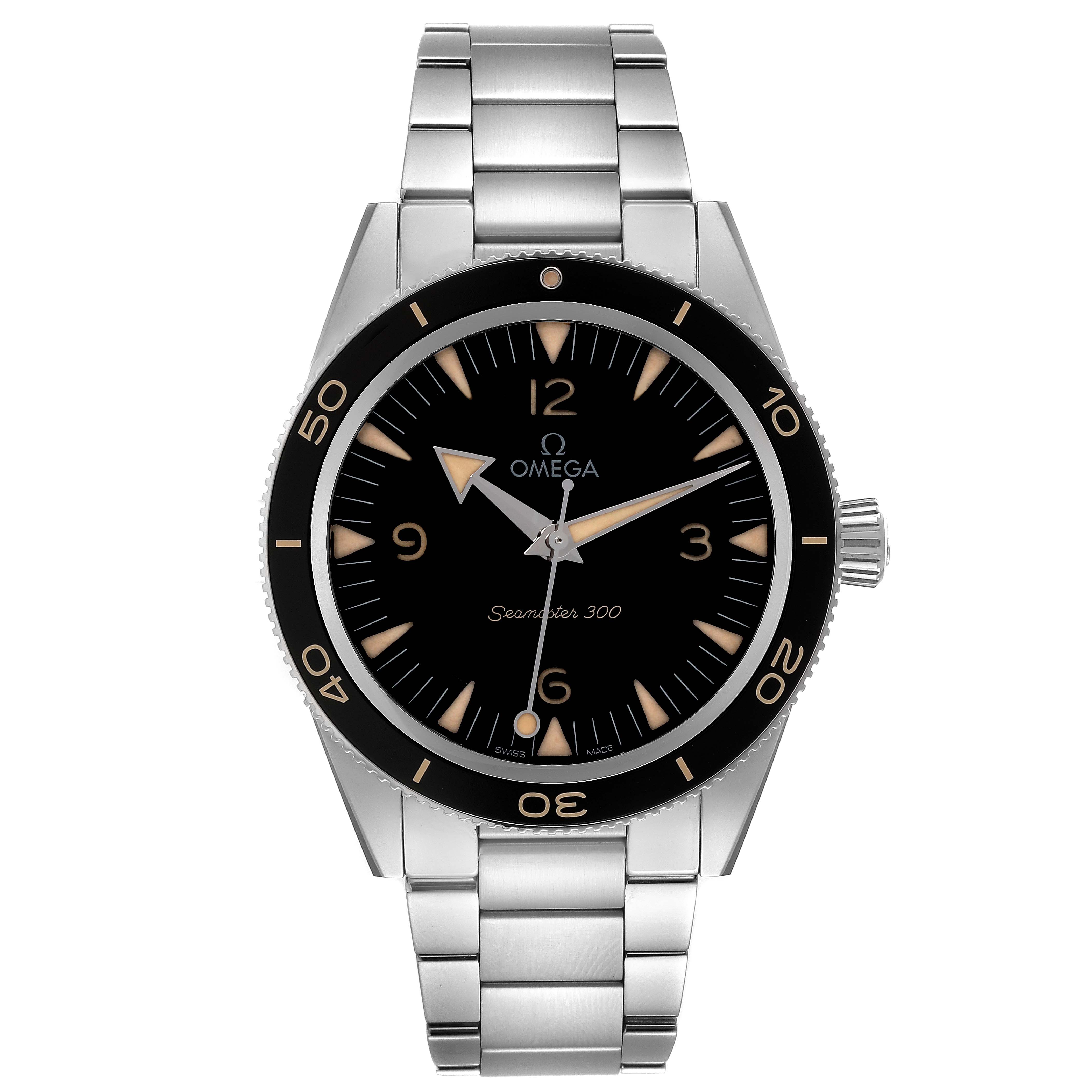 The image shows a front-on view of an Omega Seamaster 234.30.41.21.01.001 Men
s Stainless Steel Black Dial 234.30.41.21.01.001 Men
s Stainless Steel Black Dial 300 watch, displaying its face, bezel, and bracelet.