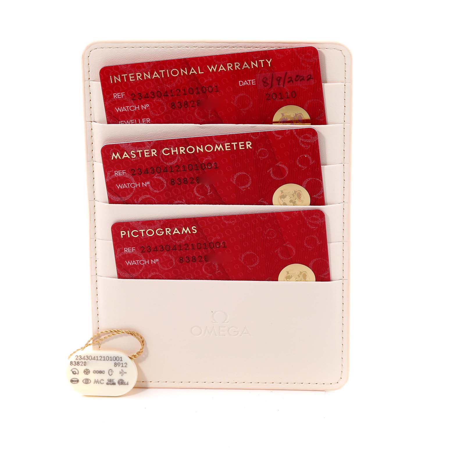 The image shows Omega Seamaster 234.30.41.21.01.001 Men
s Stainless Steel Black Dial 234.30.41.21.01.001 Men
s Stainless Steel Black Dial International Warranty, Master Chronometer, and Pictograms cards in a cardholder.