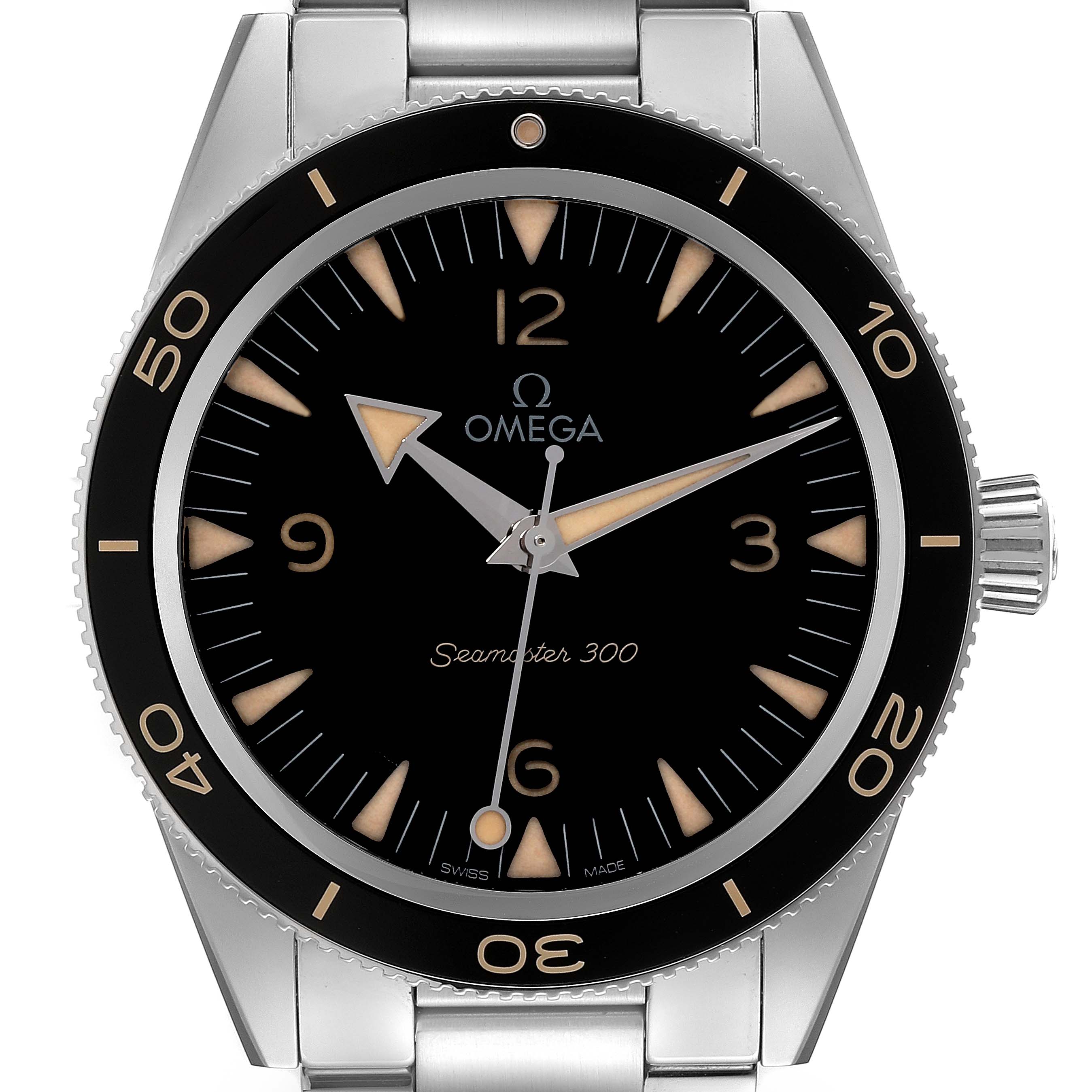 The image shows a front view of an Omega Seamaster 234.30.41.21.01.001 Men
s Stainless Steel Black Dial 234.30.41.21.01.001 Men
s Stainless Steel Black Dial 300 watch, displaying the dial, bezel, and part of the bracelet.