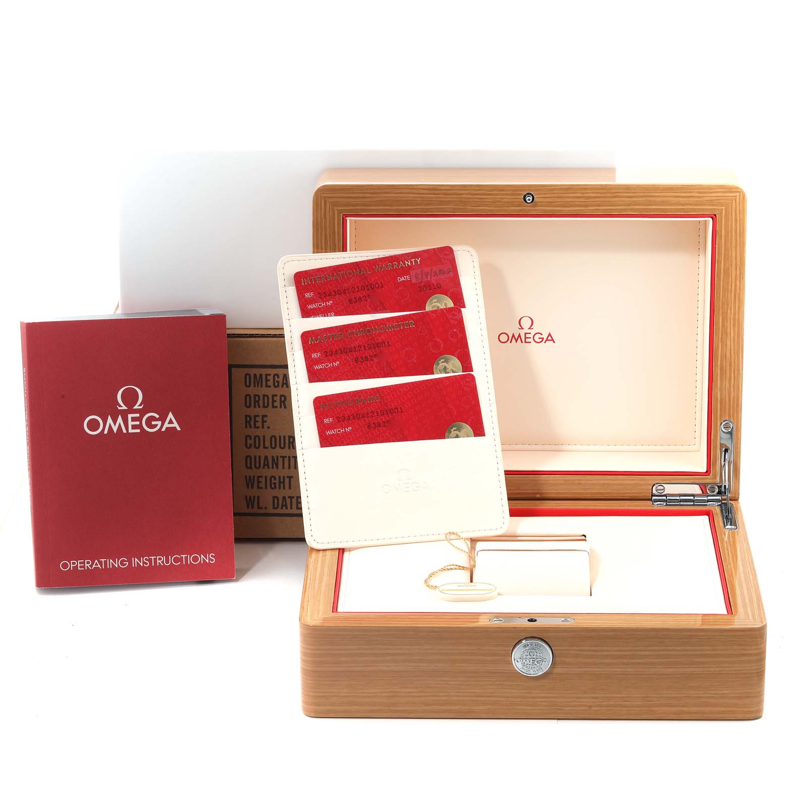 The image shows the accessories for an Omega Seamaster 234.30.41.21.01.001 Men
s Stainless Steel Black Dial 234.30.41.21.01.001 Men
s Stainless Steel Black Dial watch, including a wooden presentation box, warranty cards, and an operating manual.