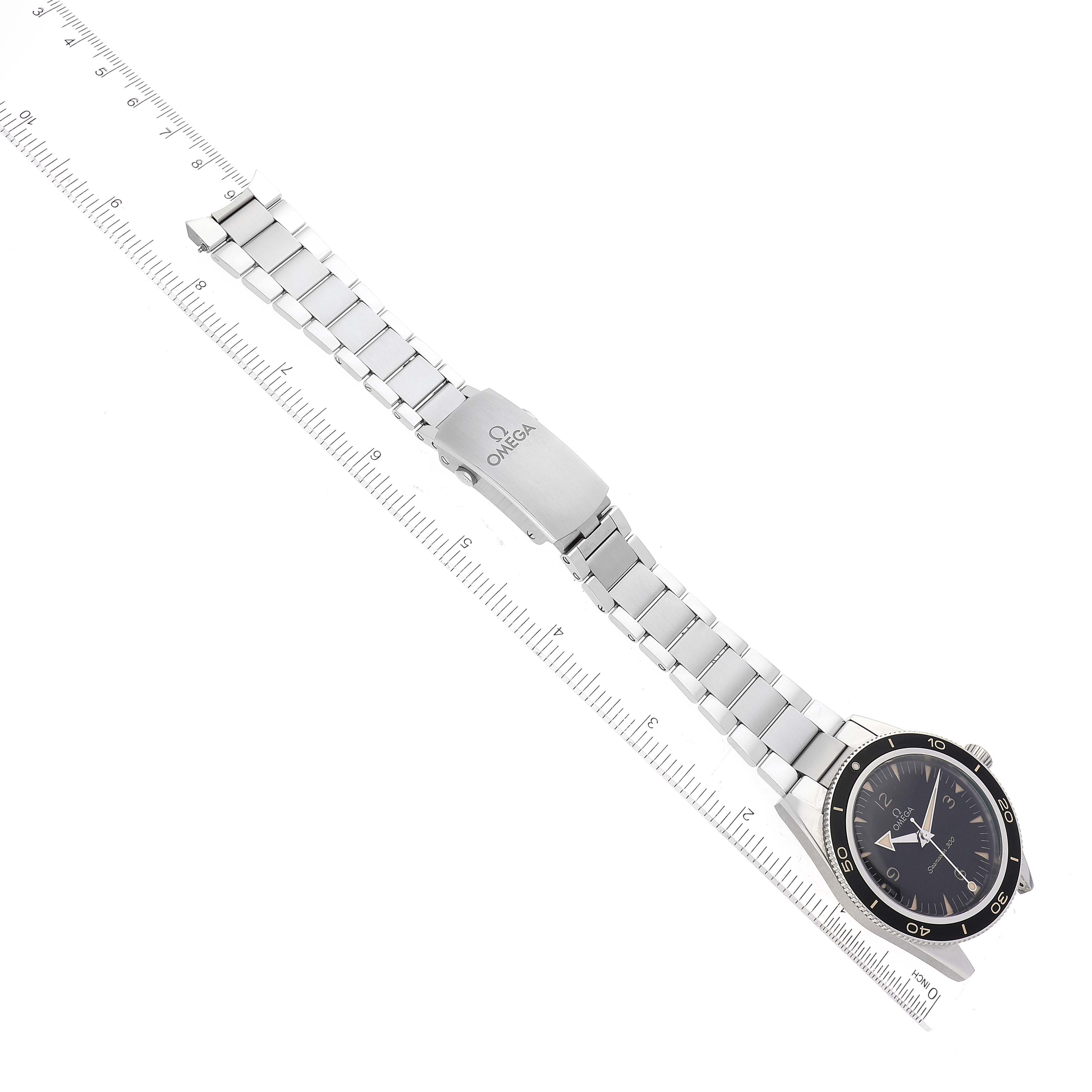 The image shows an Omega Seamaster 234.30.41.21.01.001 Men
s Stainless Steel Black Dial 234.30.41.21.01.001 Men
s Stainless Steel Black Dial watch laid flat, highlighting the watch face, bracelet, and clasp.