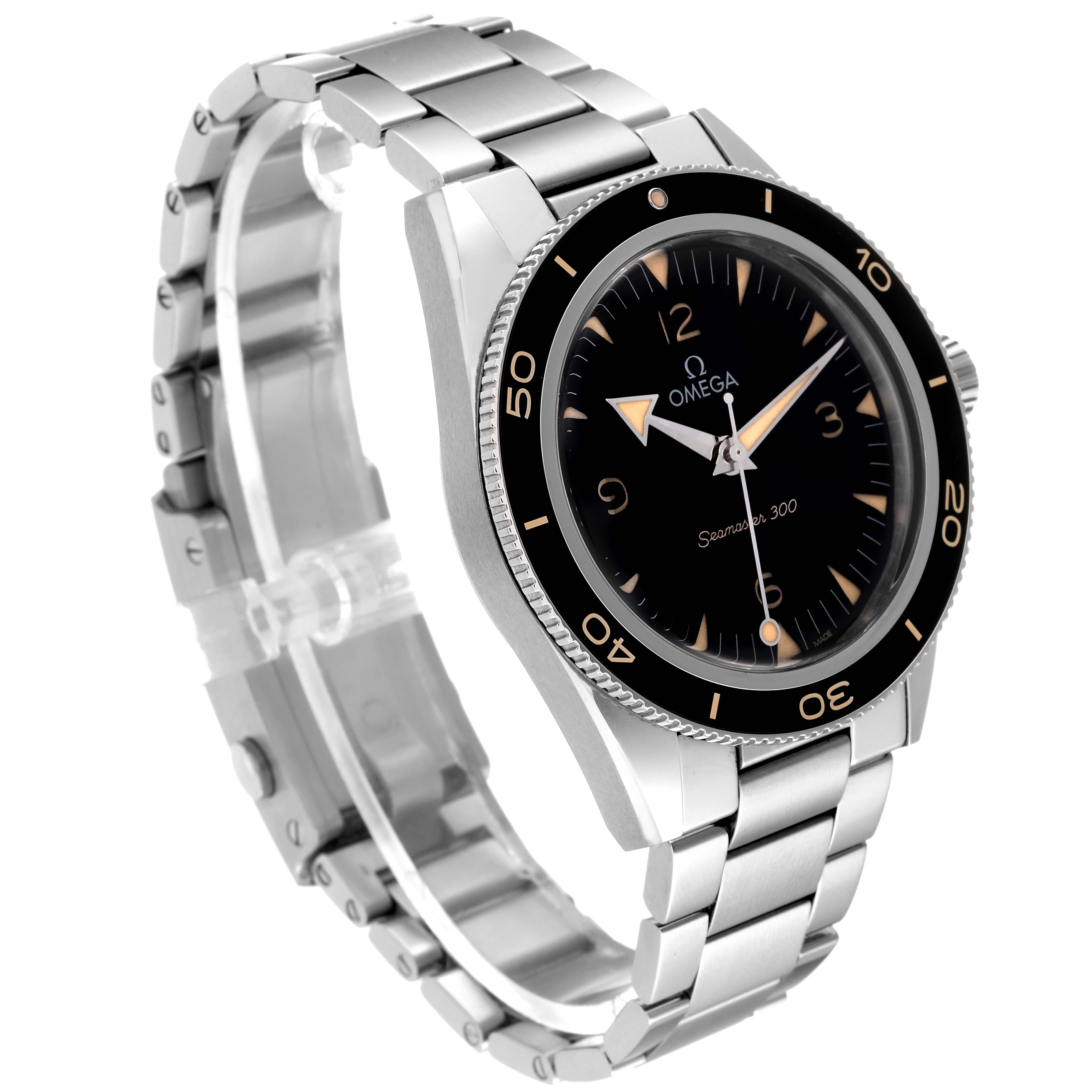 The image shows an angled side view of the Omega Seamaster 234.30.41.21.01.001 Men
s Stainless Steel Black Dial 234.30.41.21.01.001 Men
s Stainless Steel Black Dial 300 watch, highlighting its face, bezel, crown, and metal bracelet.