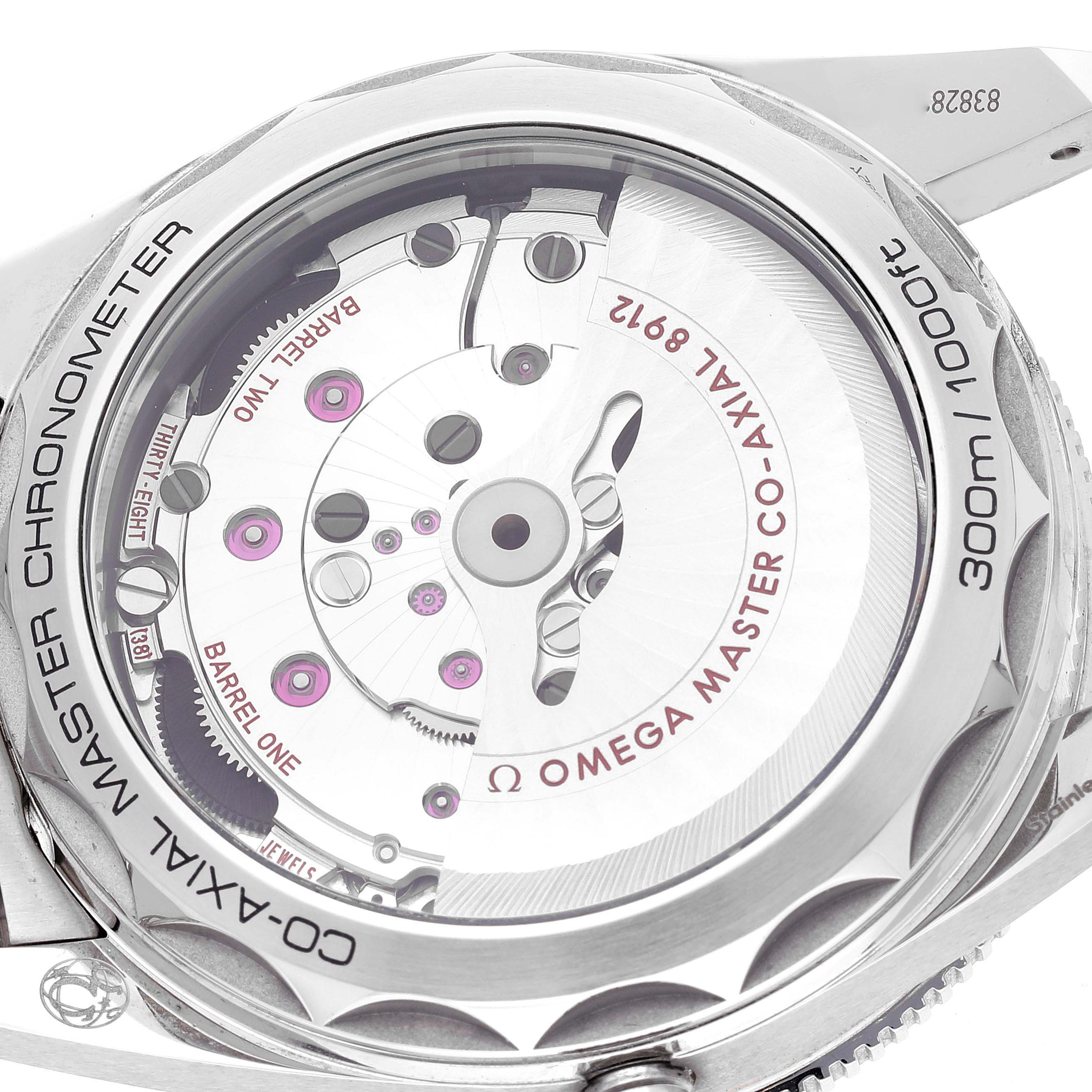 The image shows the exposed case back angle of the Omega Seamaster 234.30.41.21.01.001 Men
s Stainless Steel Black Dial 234.30.41.21.01.001 Men
s Stainless Steel Black Dial watch, revealing its movement and inner mechanism.