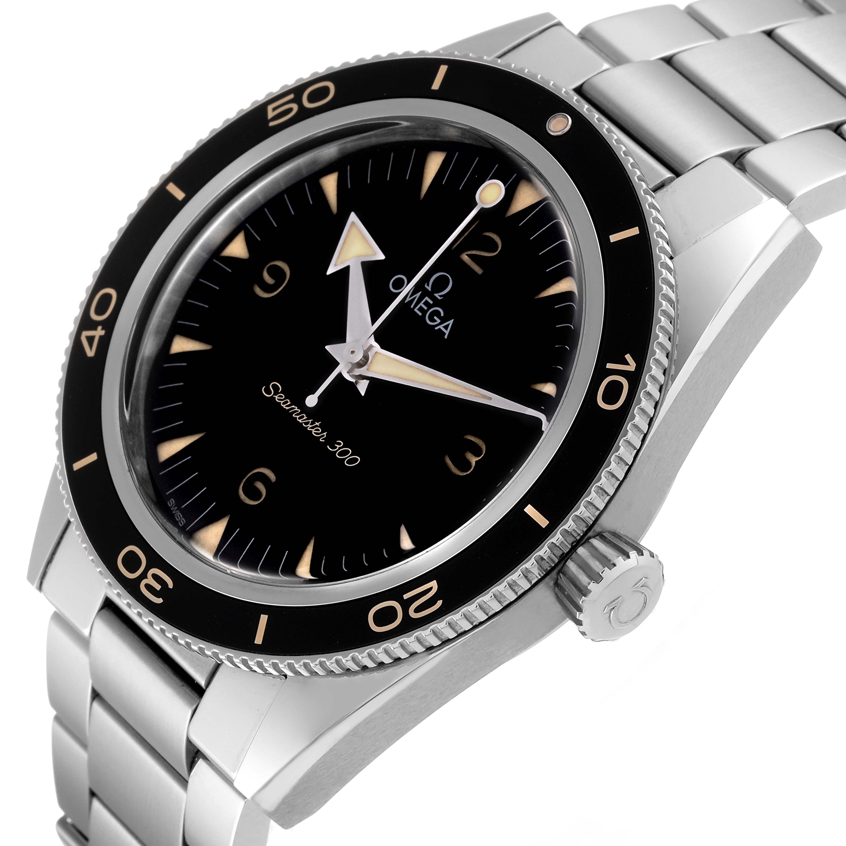 The image shows a close-up of the Omega Seamaster 234.30.41.21.01.001 Men
s Stainless Steel Black Dial 234.30.41.21.01.001 Men
s Stainless Steel Black Dial 300 watch at an angle highlighting the dial, bezel, crown, and bracelet.