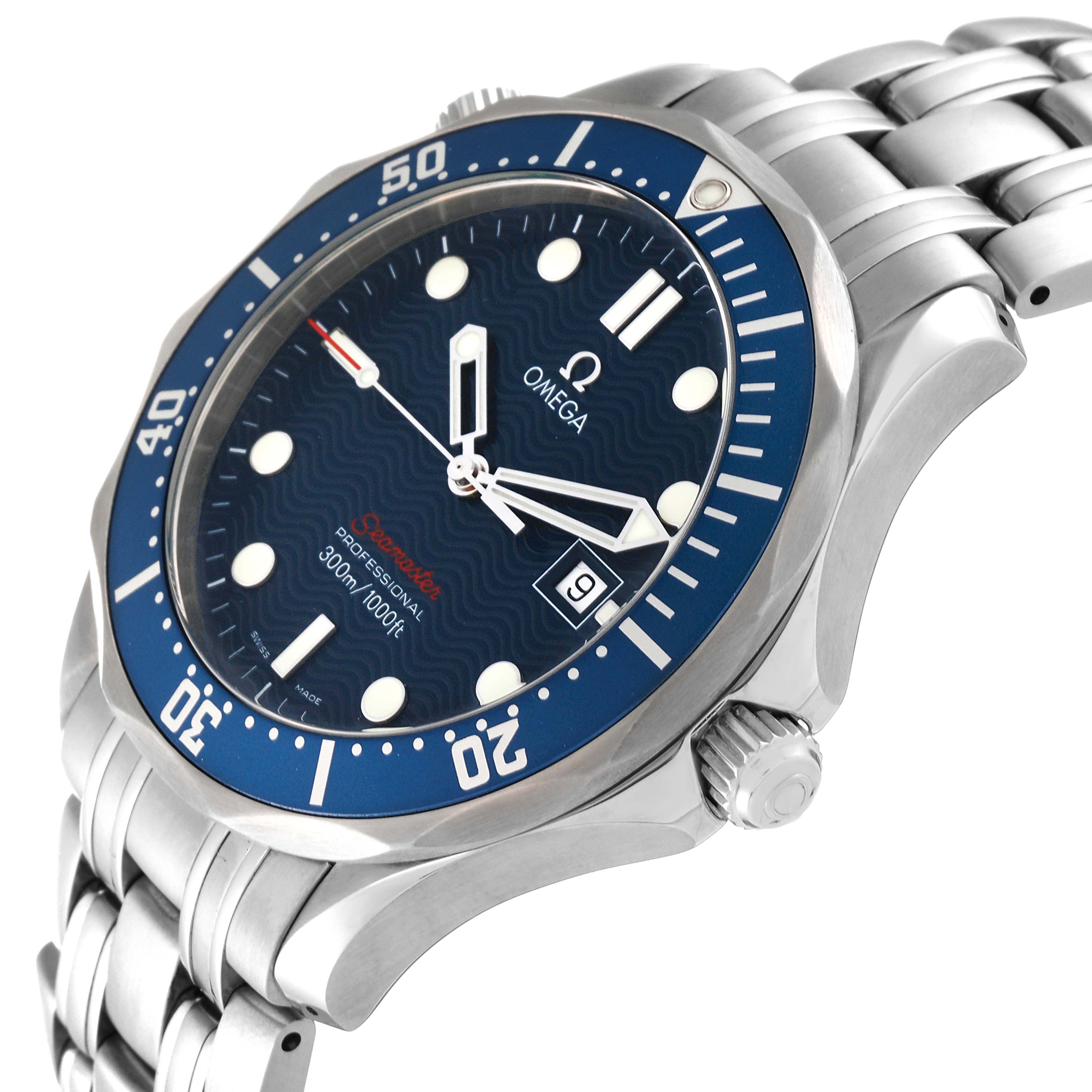 This is an angled view of the Omega Seamaster 2221.80.00 Men
s Stainless Steel Blue Dial 2221.80.00 Men
s Stainless Steel Blue Dial watch, showing the face, bezel, crown, and part of the bracelet.