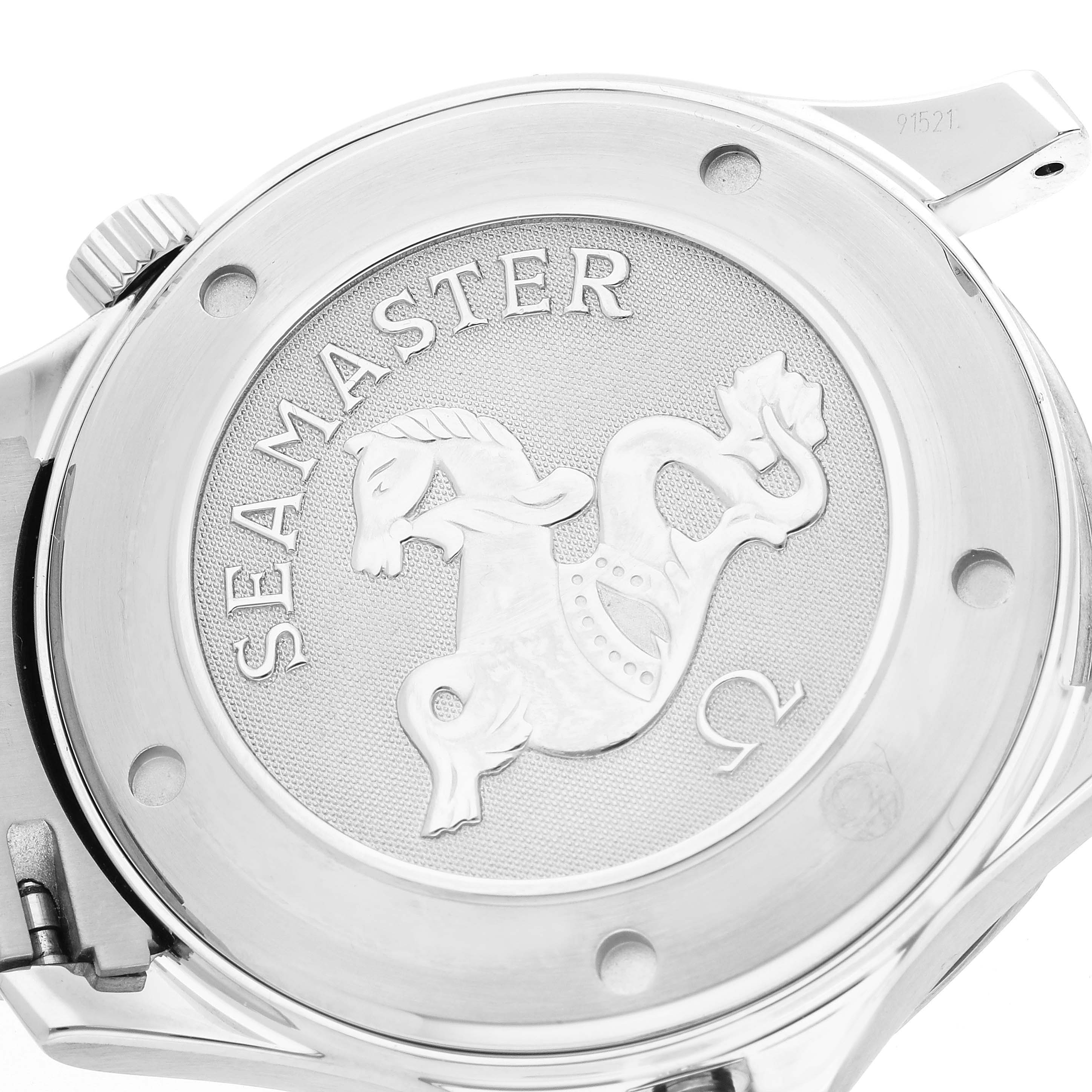 This image shows the case back of an Omega Seamaster 2221.80.00 Men
s Stainless Steel Blue Dial 2221.80.00 Men
s Stainless Steel Blue Dial watch, featuring an engraved seahorse and the model name.
