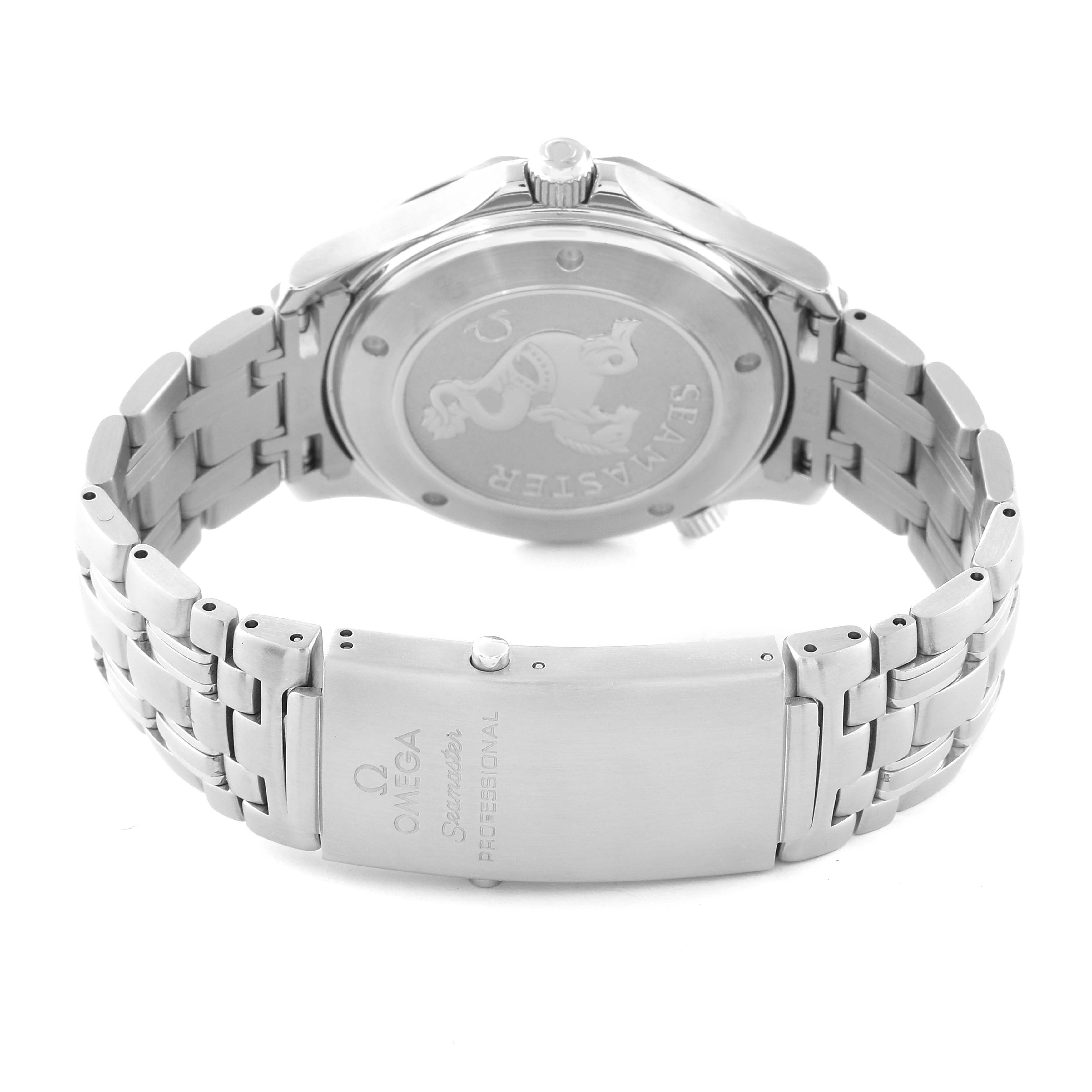 The image shows the back case and bracelet of an Omega Seamaster 2221.80.00 Men
s Stainless Steel Blue Dial 2221.80.00 Men
s Stainless Steel Blue Dial watch, highlighting the clasp and case back engraving.