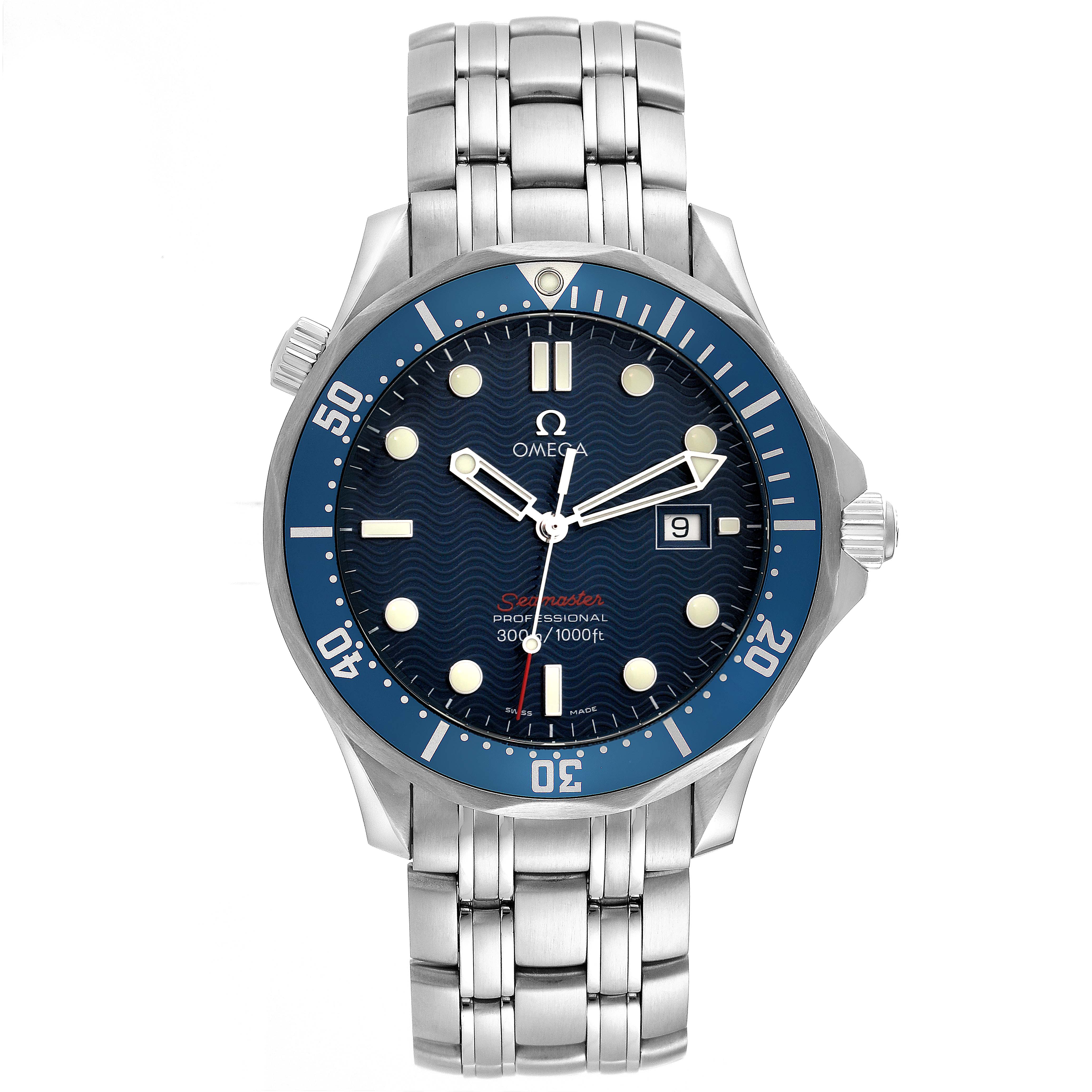 The image shows a front view of an Omega Seamaster 2221.80.00 Men
s Stainless Steel Blue Dial 2221.80.00 Men
s Stainless Steel Blue Dial watch displaying the dial, bezel, hands, date window, and bracelet.