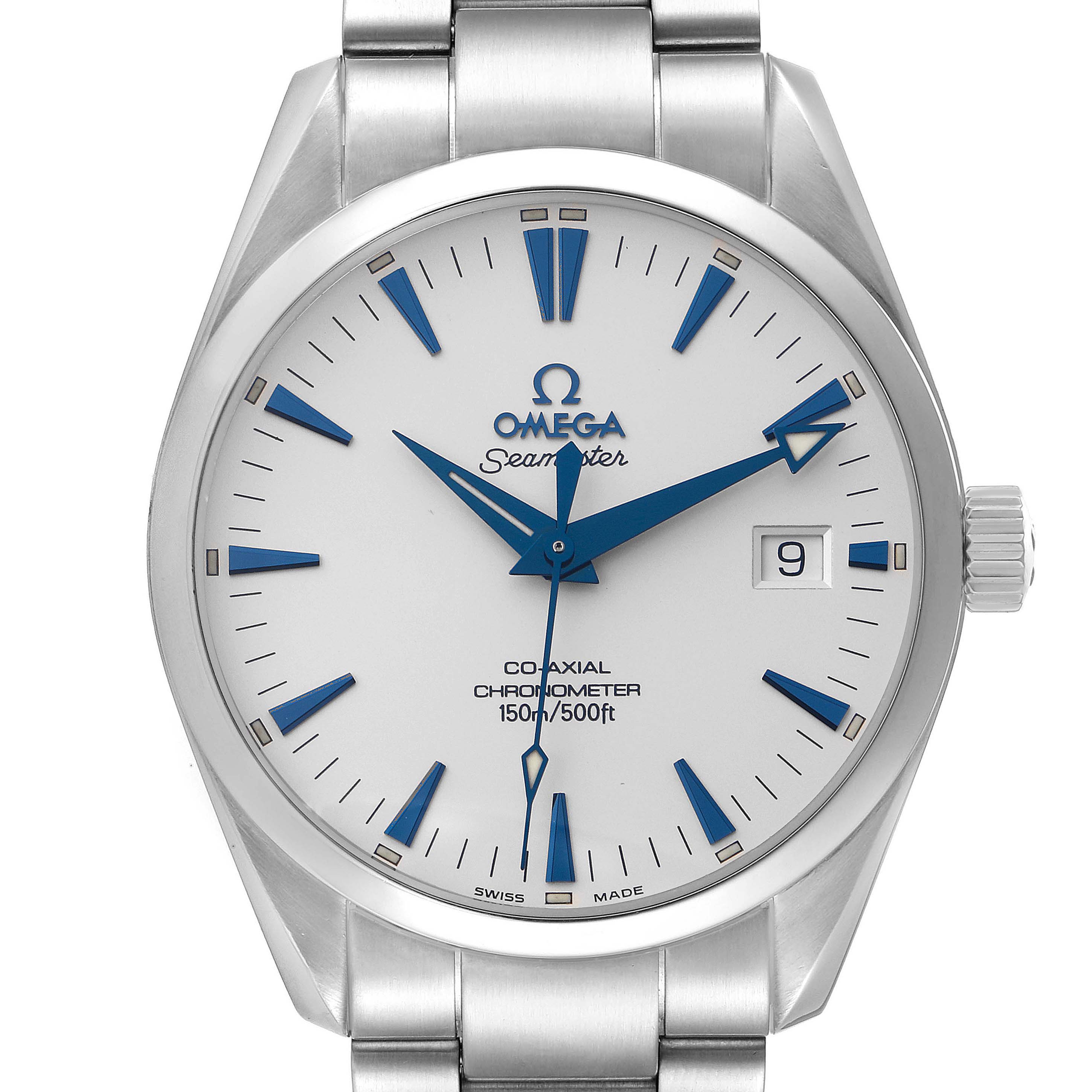 The Omega Aqua Terra 2503.33.00 men's watch is shown from a front angle, highlighting its face, hands, dial, date window, and part of the stainless steel bracelet.