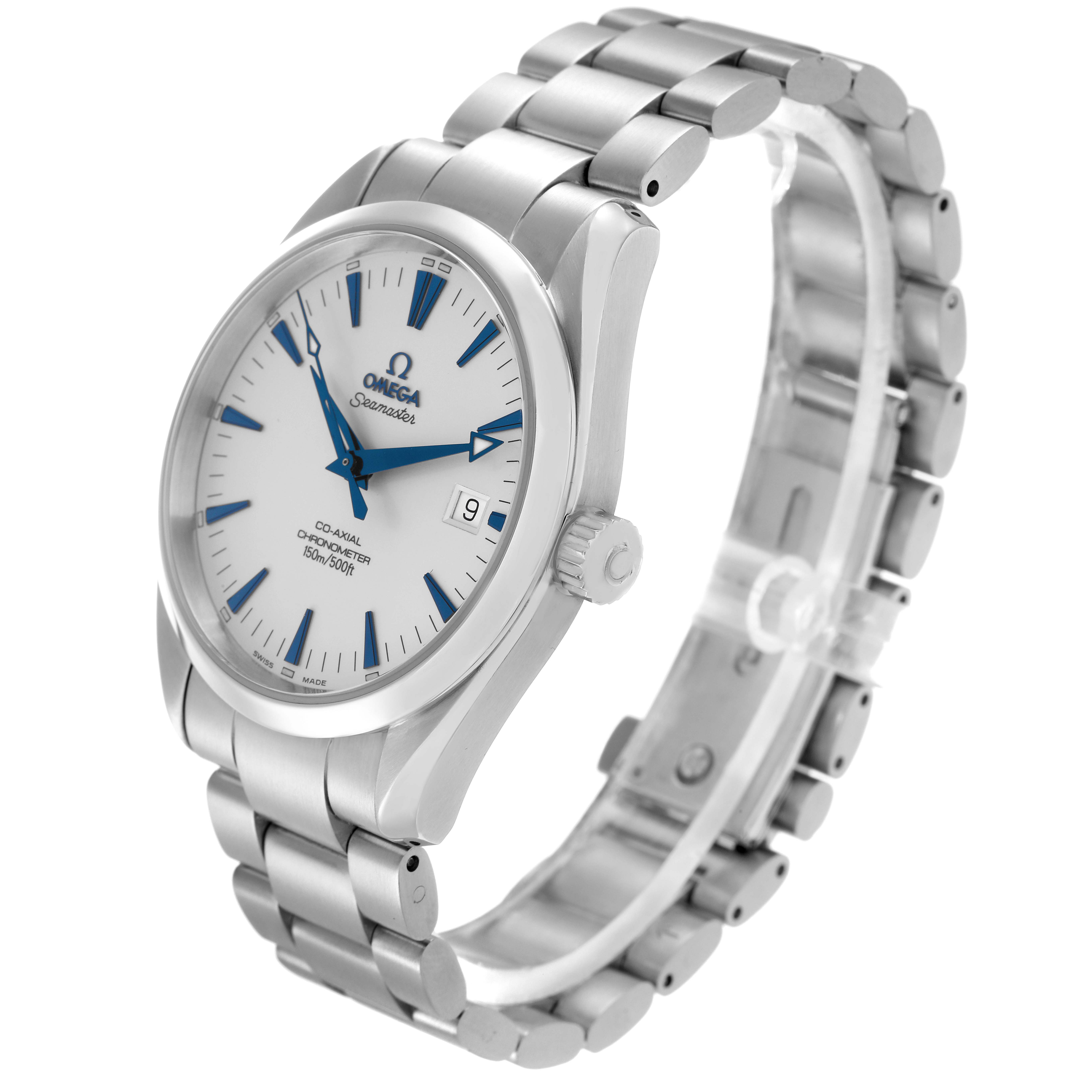 The Omega Aqua Terra model 2503.33.00 is shown at a three-quarter angle, highlighting the face, bezel, crown, and metal bracelet.