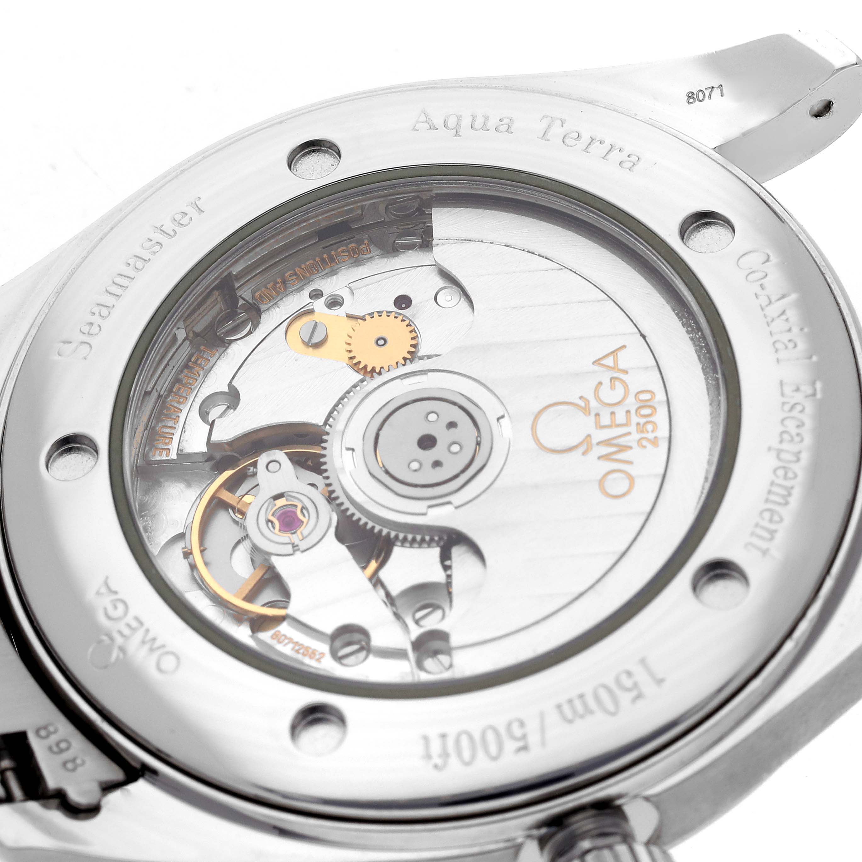 The image shows the case back of the Omega Aqua Terra model 2503.33.00, highlighting its internal movement and Co-Axial escapement mechanism.