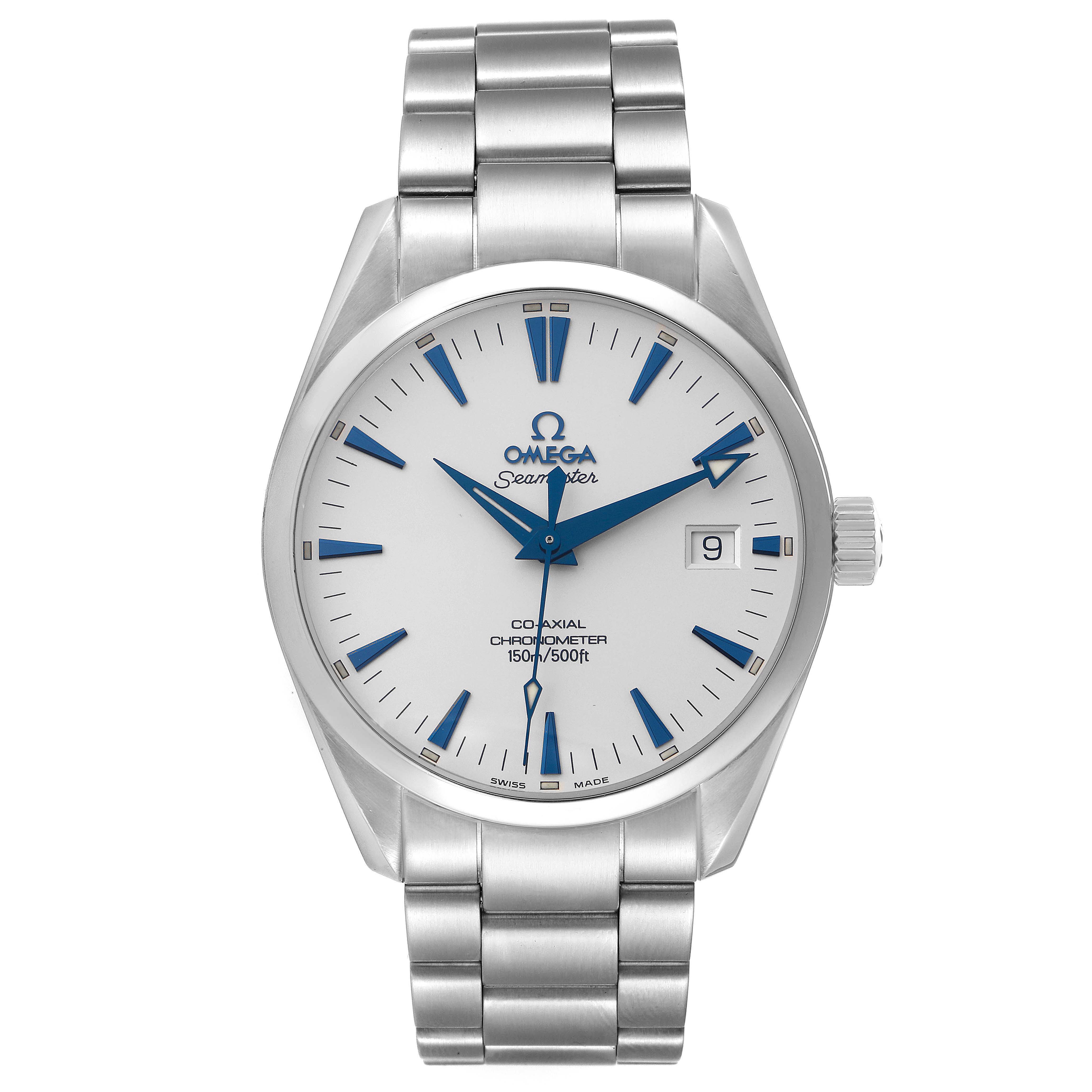 The Omega Aqua Terra model 2503.33.00 is shown from the front, displaying the dial, hands, and bracelet.
