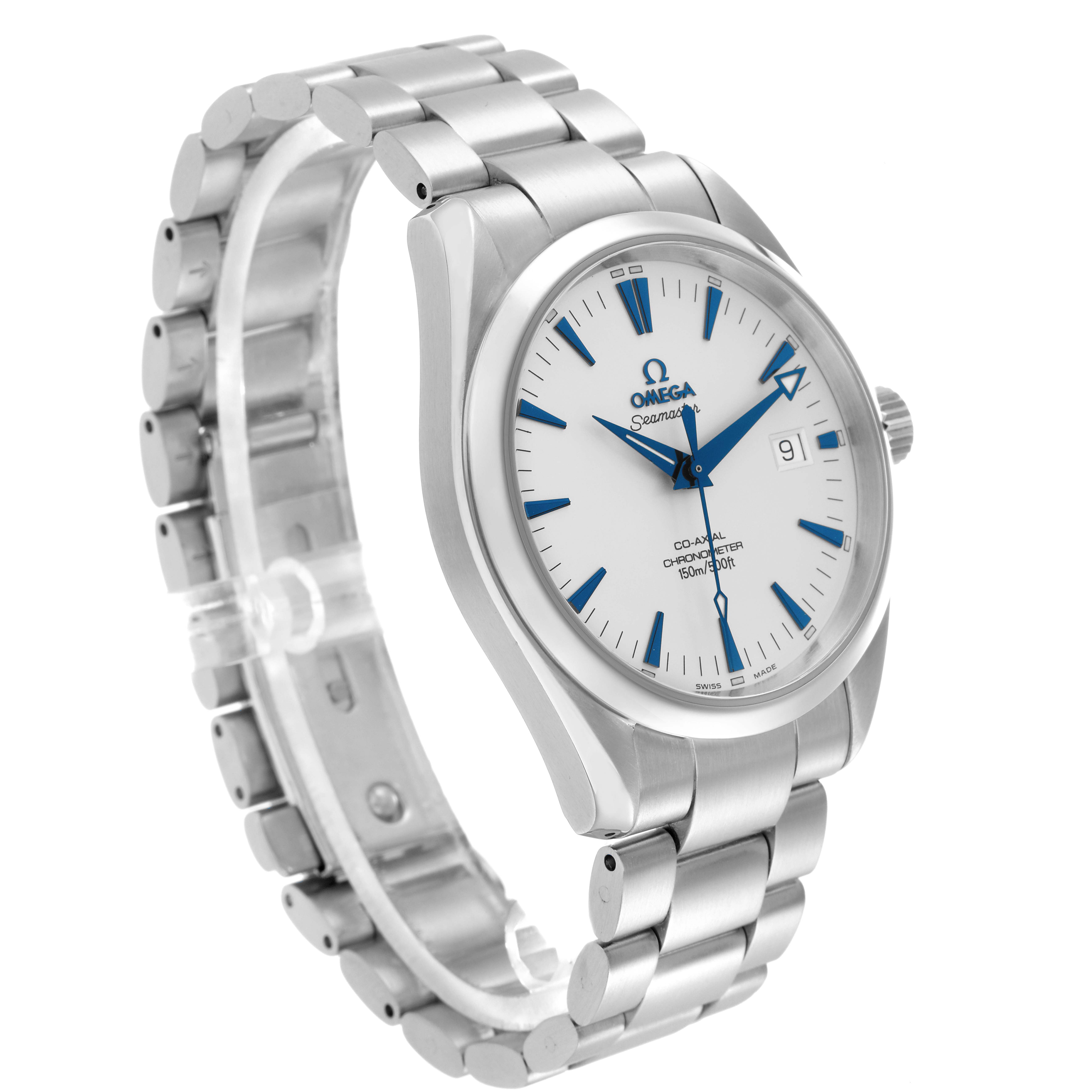 The Omega Aqua Terra model 2503.33.00 watch is shown in a three-quarter angle, highlighting its face, bracelet, and crown on the right side.