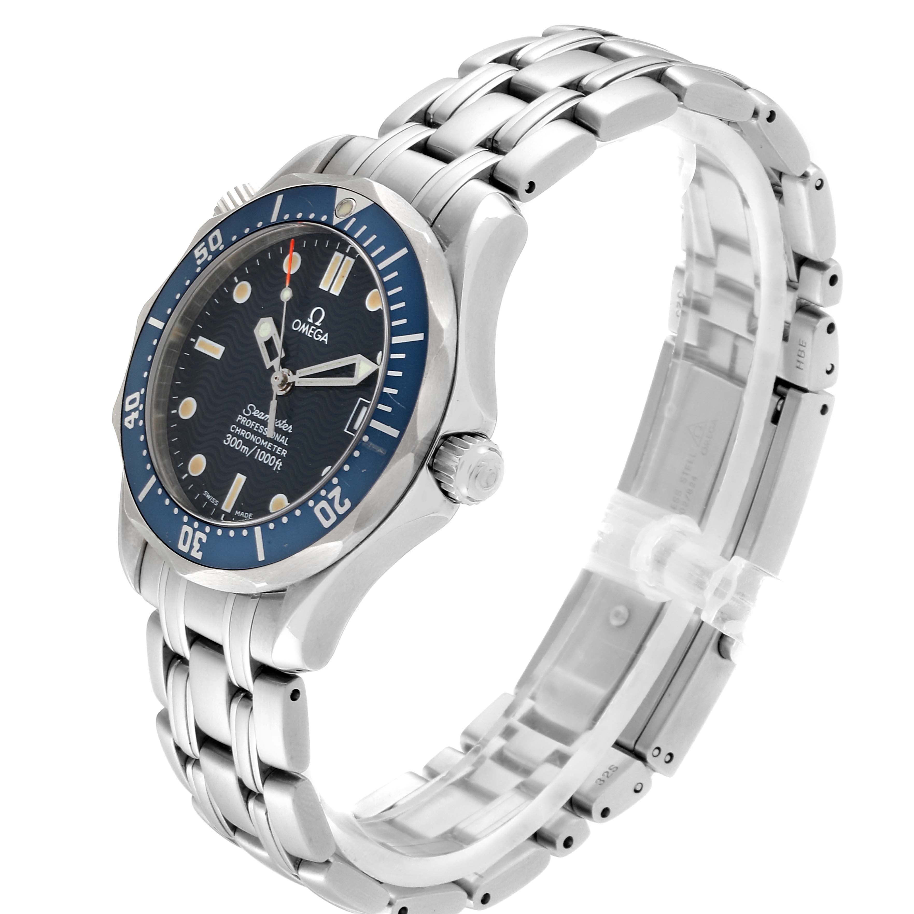 The image shows a side angle of an Omega Seamaster 2551.80.00 Men
s Stainless Steel Blue Dial 2551.80.00 Men
s Stainless Steel Blue Dial watch, highlighting its face, bezel, crown, and metal bracelet.