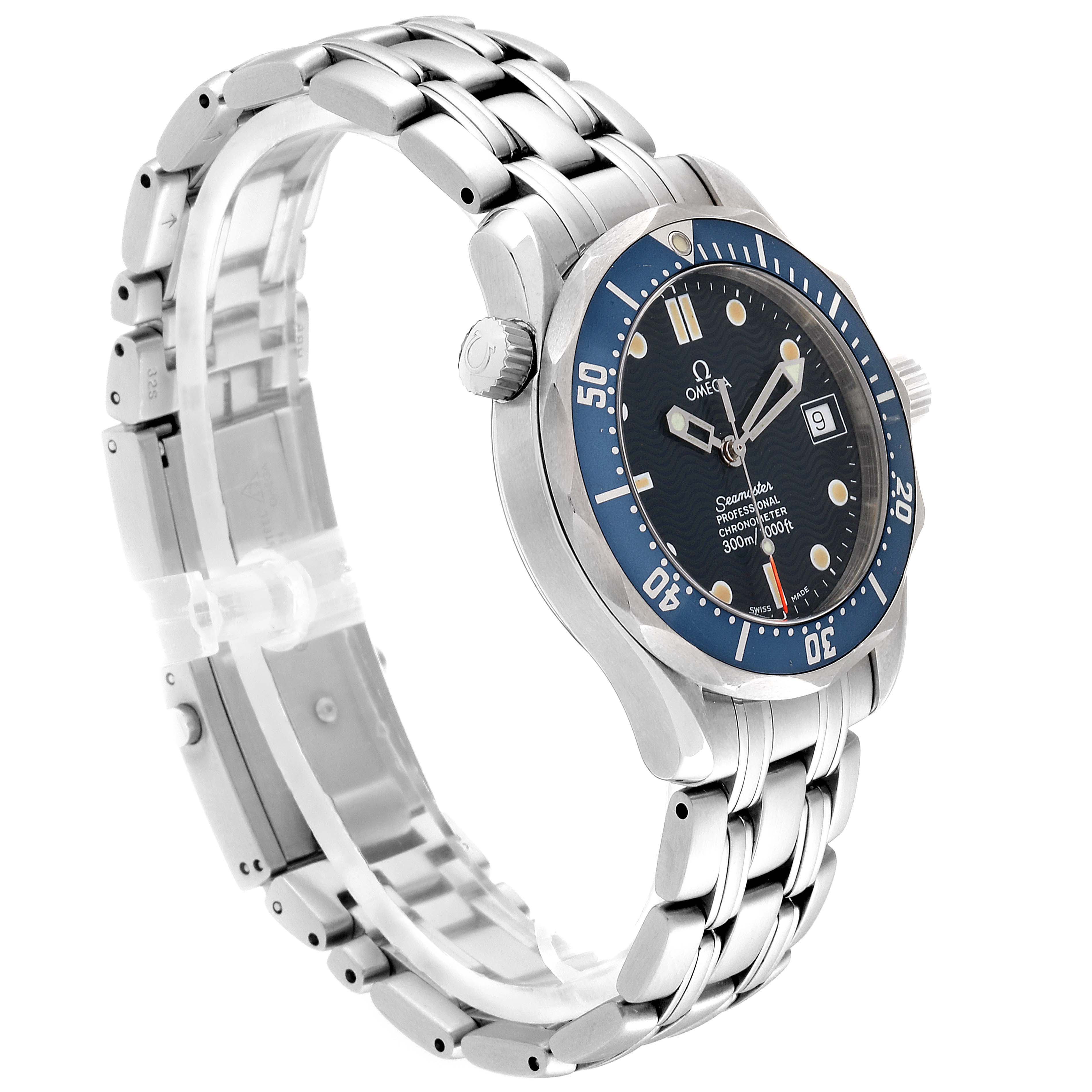 The Omega Seamaster 2551.80.00 Men
s Stainless Steel Blue Dial 2551.80.00 Men
s Stainless Steel Blue Dial watch is shown at an angled side view, featuring its metal bracelet, bezel, crown, and dial.