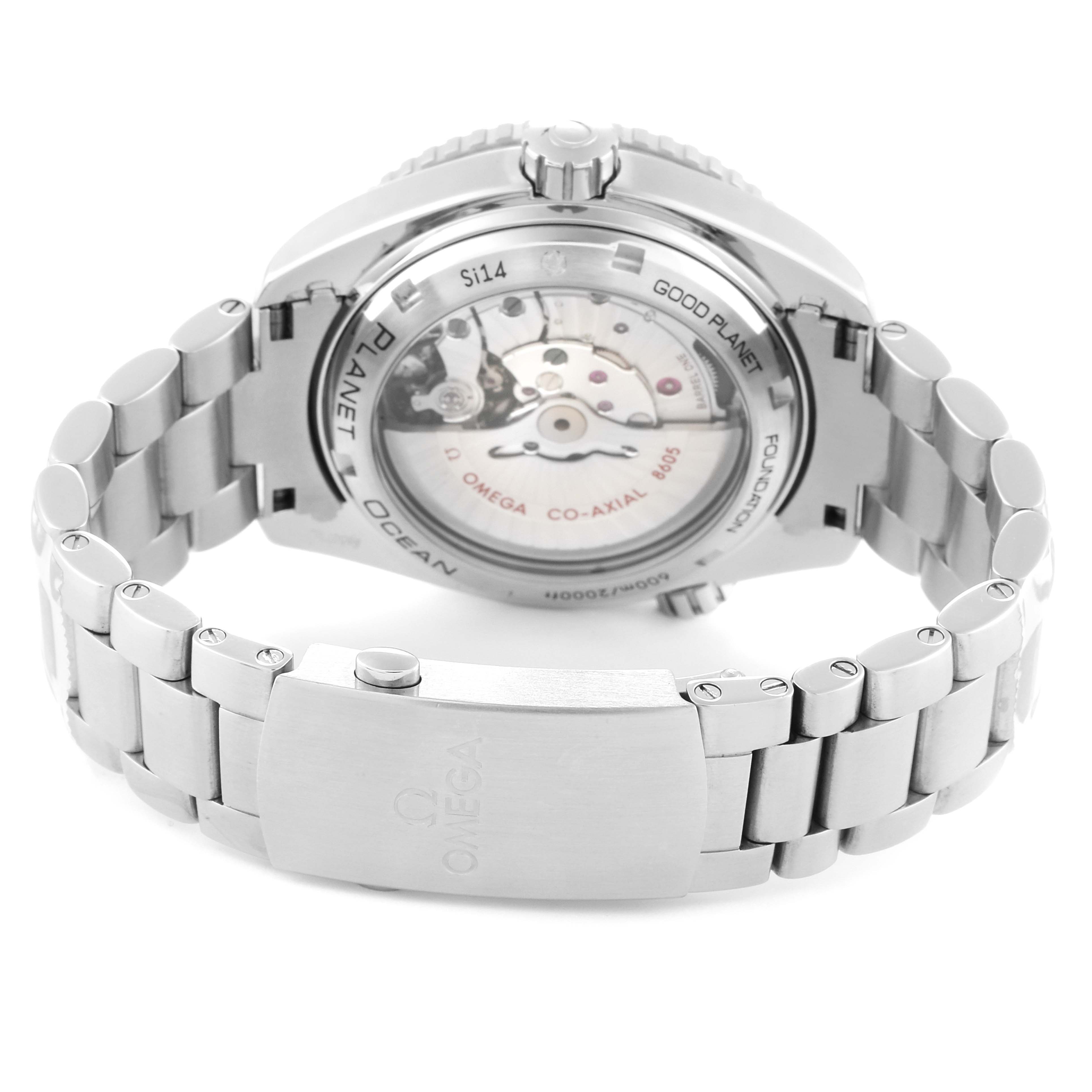 The image shows the back view of the Omega Planet Ocean 232.30.44.22.03.001 Men
s Stainless Steel Blue Dial 232.30.44.22.03.001 Men
s Stainless Steel Blue Dial model, highlighting the open case back and metal bracelet.