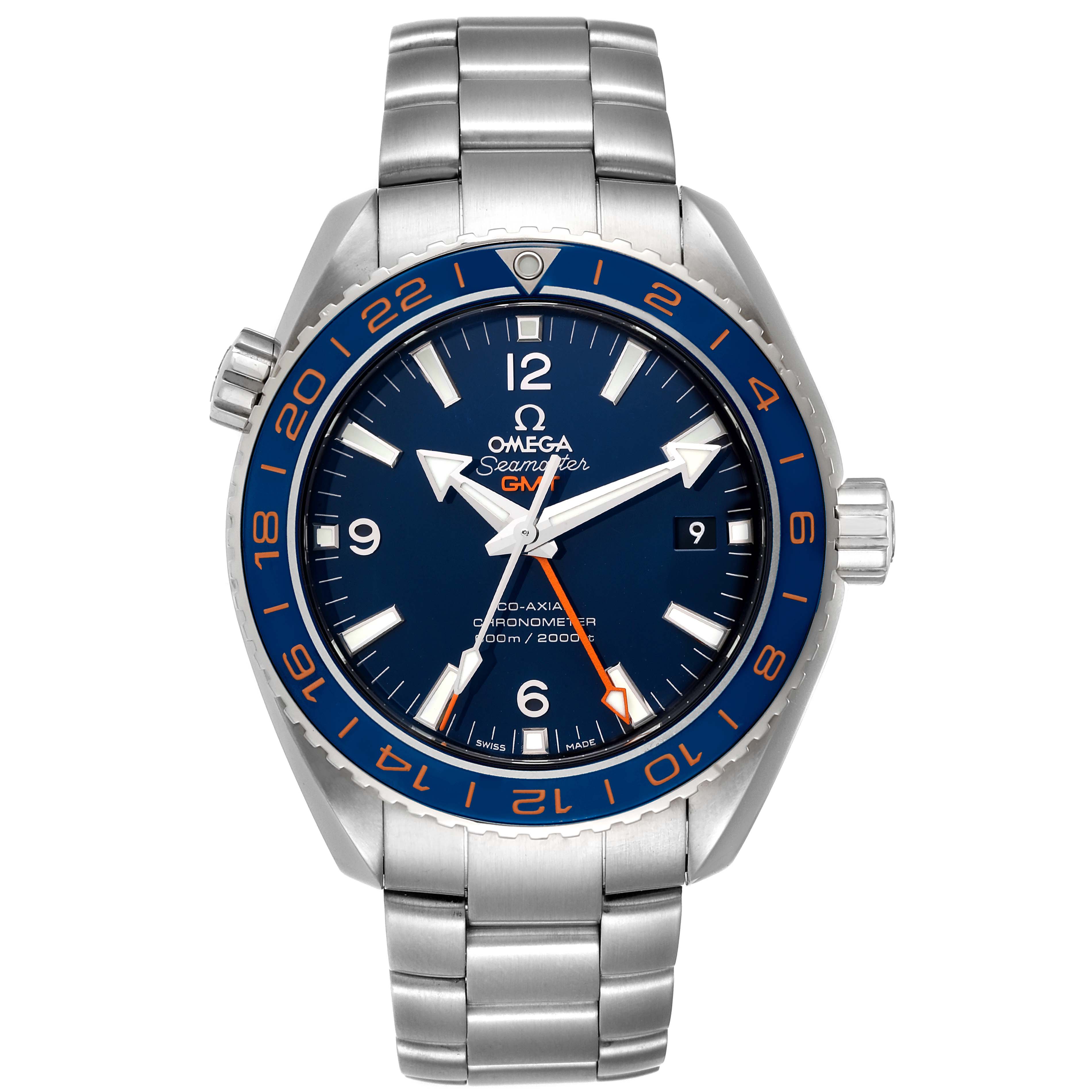 The Omega Planet Ocean 232.30.44.22.03.001 Men
s Stainless Steel Blue Dial 232.30.44.22.03.001 Men
s Stainless Steel Blue Dial watch is shown from a front angle, displaying the face, bezel, and bracelet.