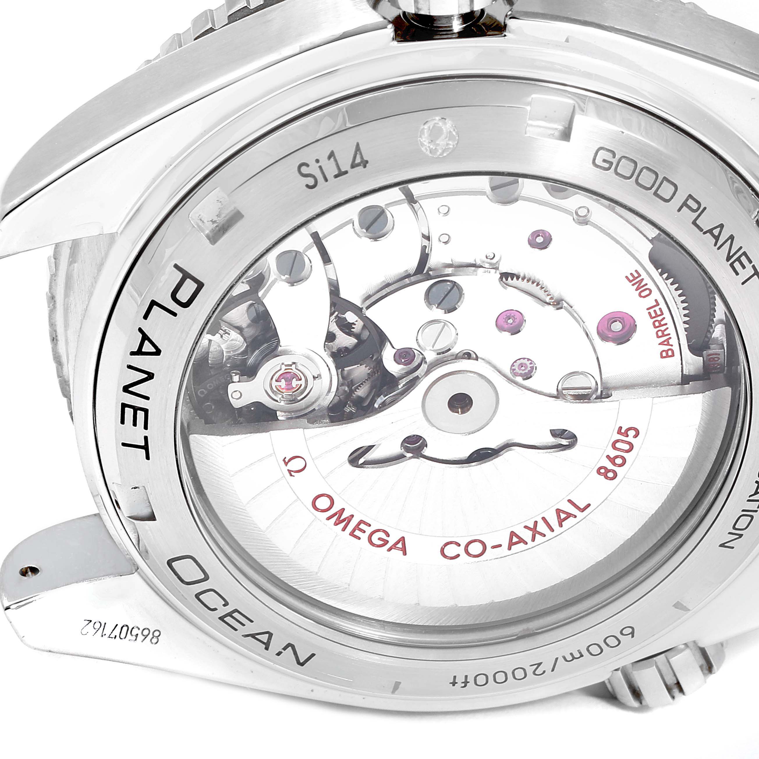 This Omega Planet Ocean 232.30.44.22.03.001 Men
s Stainless Steel Blue Dial 232.30.44.22.03.001 Men
s Stainless Steel Blue Dial watch is shown from the back, highlighting its internal mechanisms and movement.