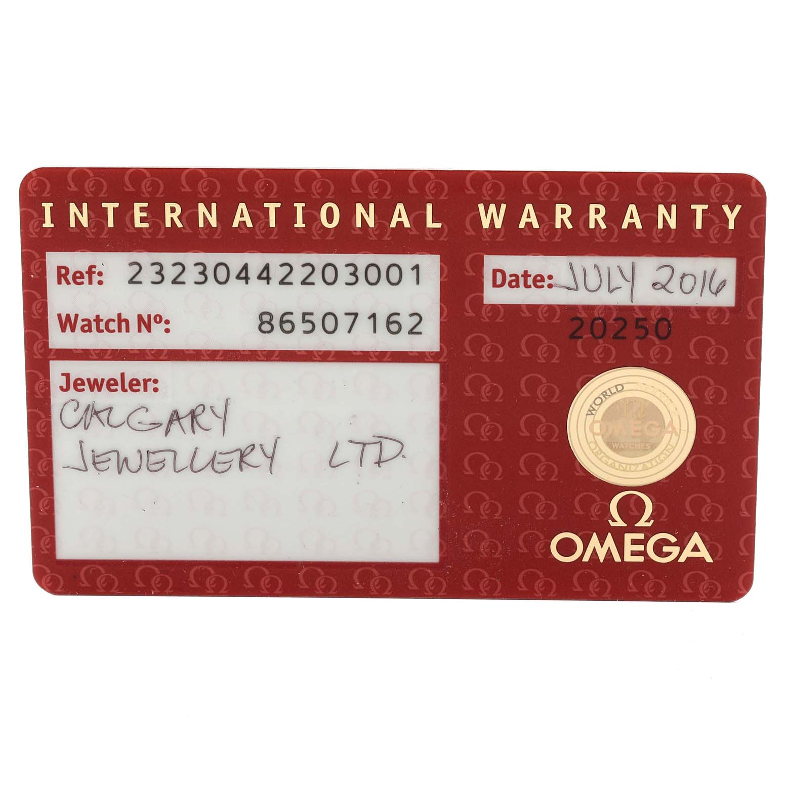 The image shows an Omega Planet Ocean 232.30.44.22.03.001 Men
s Stainless Steel Blue Dial 232.30.44.22.03.001 Men
s Stainless Steel Blue Dial watch international warranty card, detailing model information and purchase date.