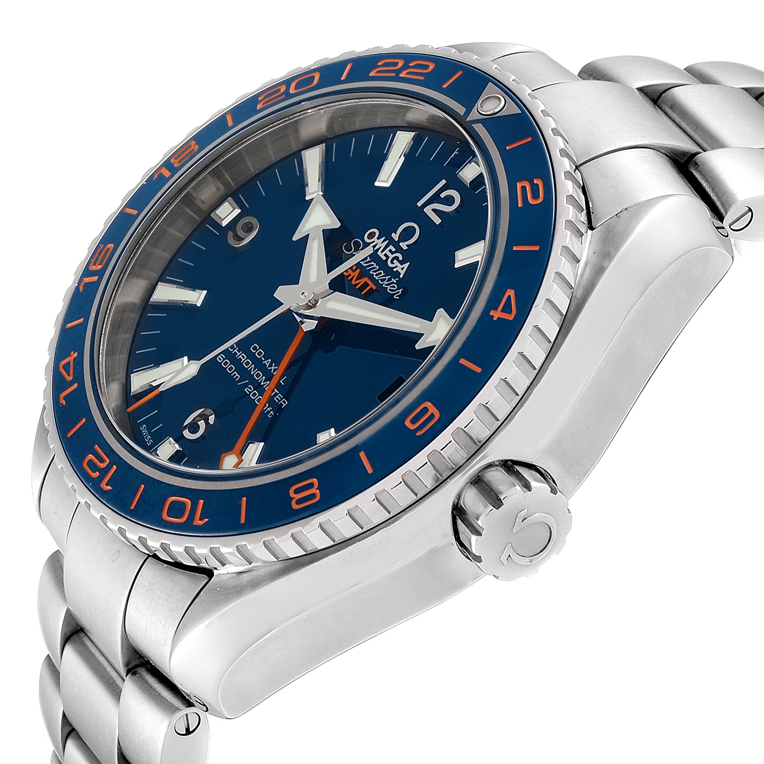 The image shows an angled side view of an Omega Planet Ocean 232.30.44.22.03.001 Men
s Stainless Steel Blue Dial 232.30.44.22.03.001 Men
s Stainless Steel Blue Dial watch, highlighting the bezel, crown, dial, and part of the bracelet.