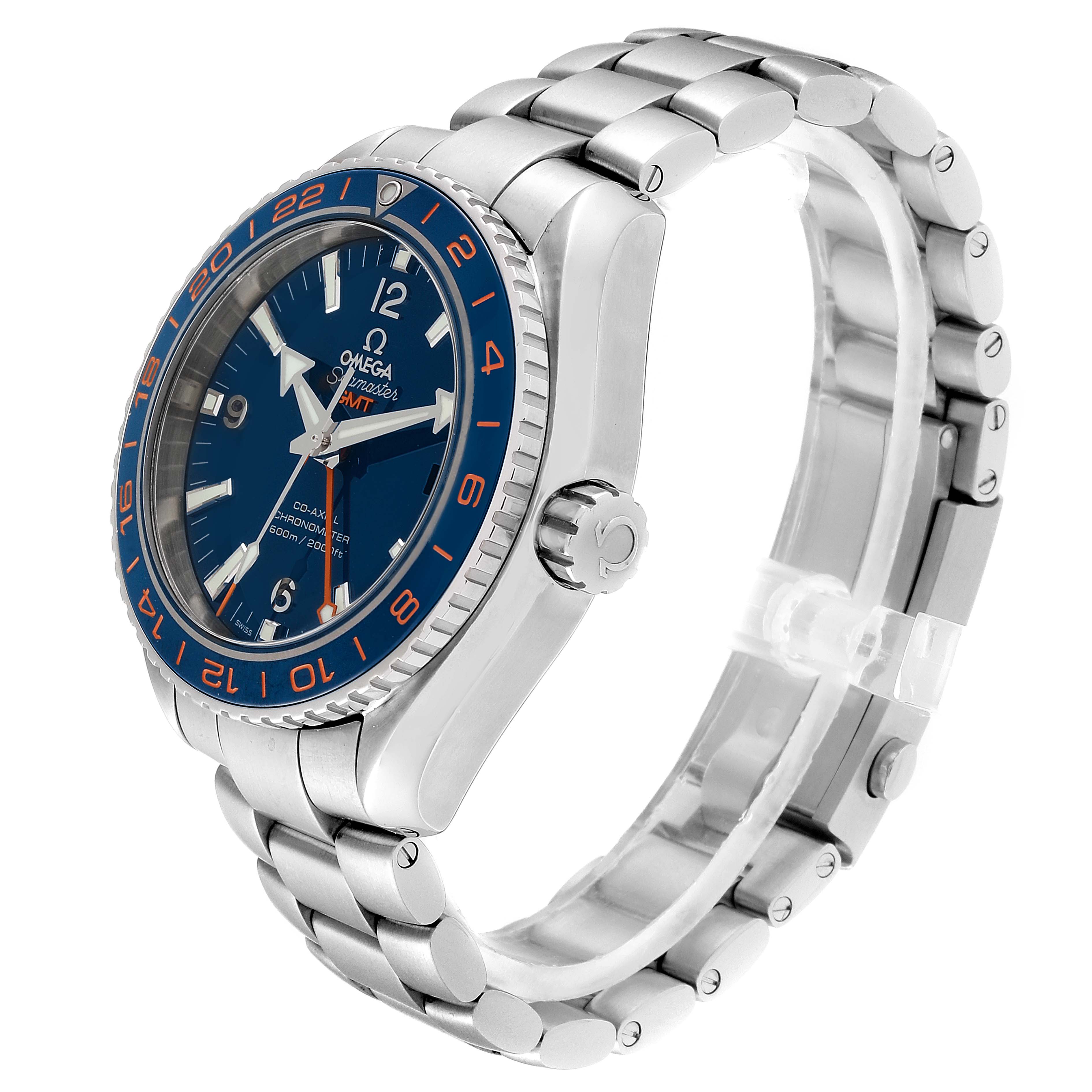 The image shows an Omega Planet Ocean 232.30.44.22.03.001 Men
s Stainless Steel Blue Dial 232.30.44.22.03.001 Men
s Stainless Steel Blue Dial watch at a three-quarter angle, highlighting the face, bezel, crown, and bracelet.