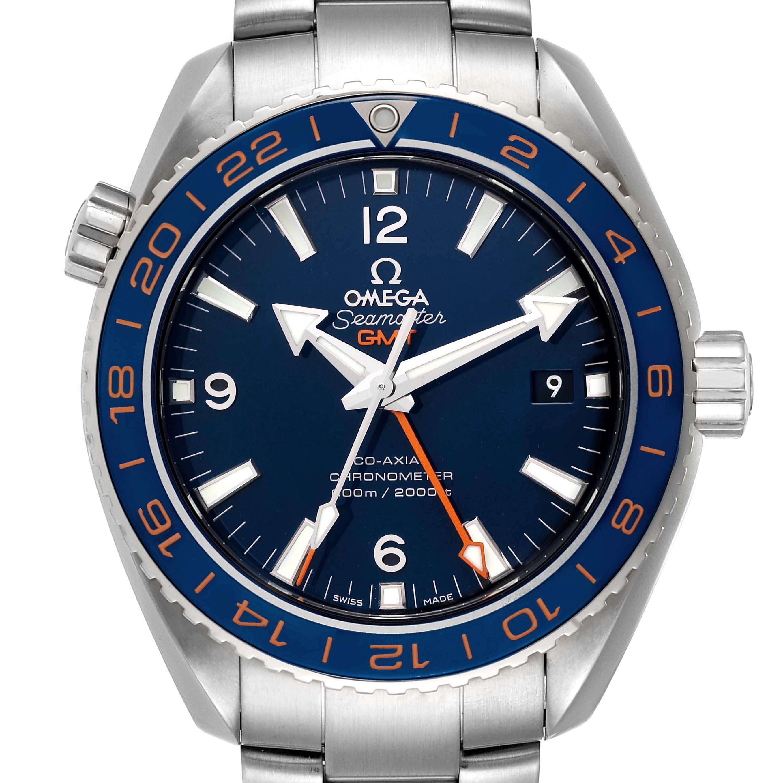 The image shows a front view of the Omega Seamaster Planet Ocean watch, displaying the face, bezel, and part of the bracelet.