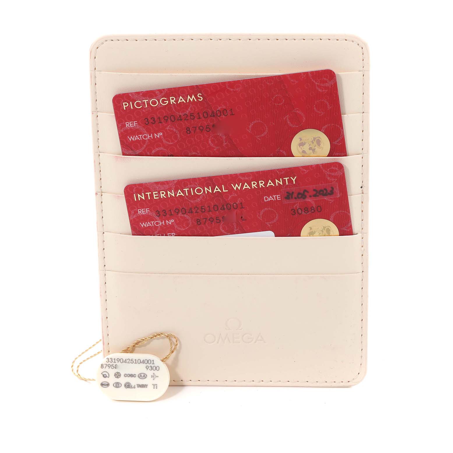 The image shows the warranty cards and a tag for an Omega Speedmaster 331.90.42.51.04.001 Men's Titanium White Dial 331.90.42.51.04.001 Men's Titanium White Dial, displayed in a beige cardholder.