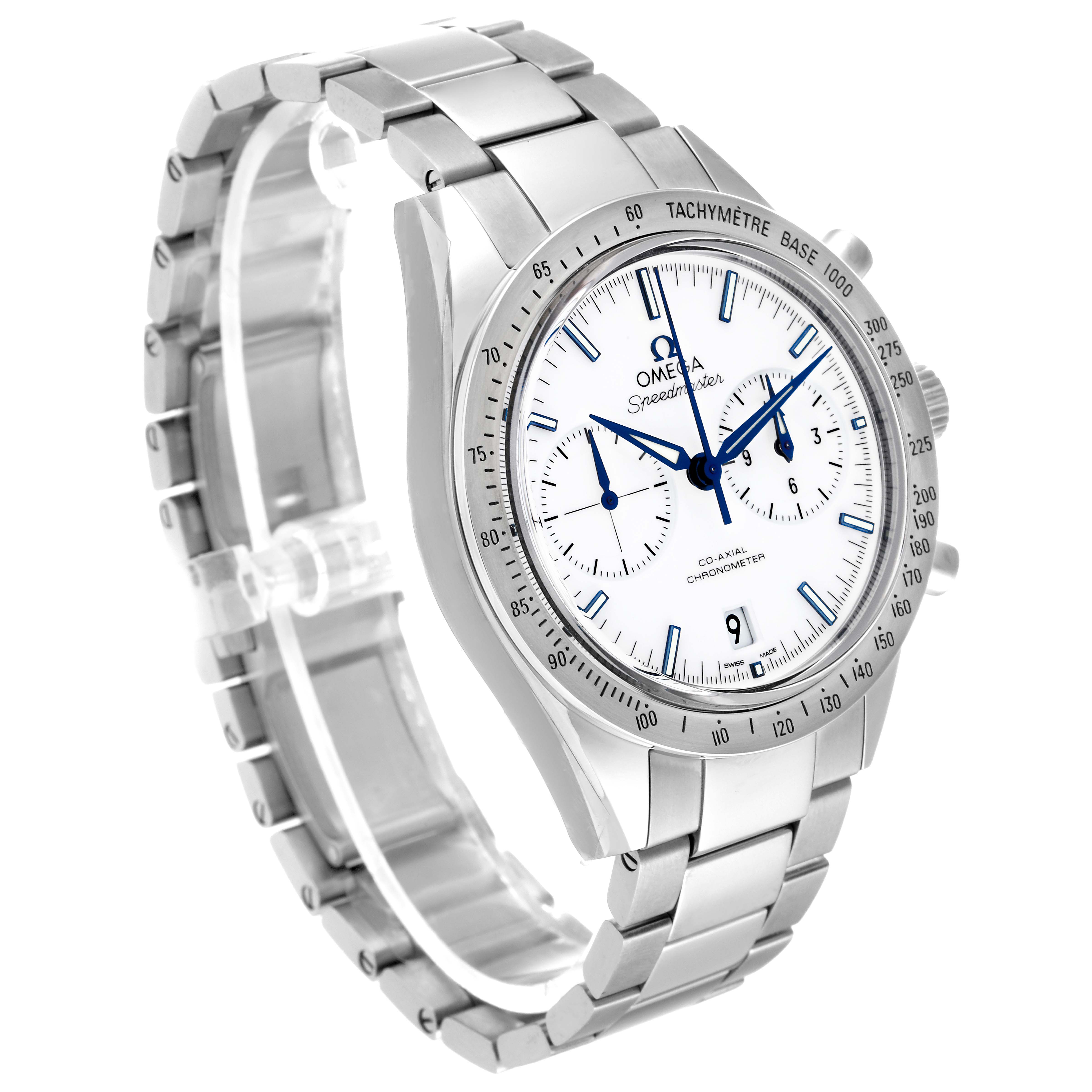 The Omega Speedmaster 331.90.42.51.04.001 Men's Titanium White Dial 331.90.42.51.04.001 Men's Titanium White Dial watch is shown at a three-quarter angle, highlighting the face, bezel, and bracelet.