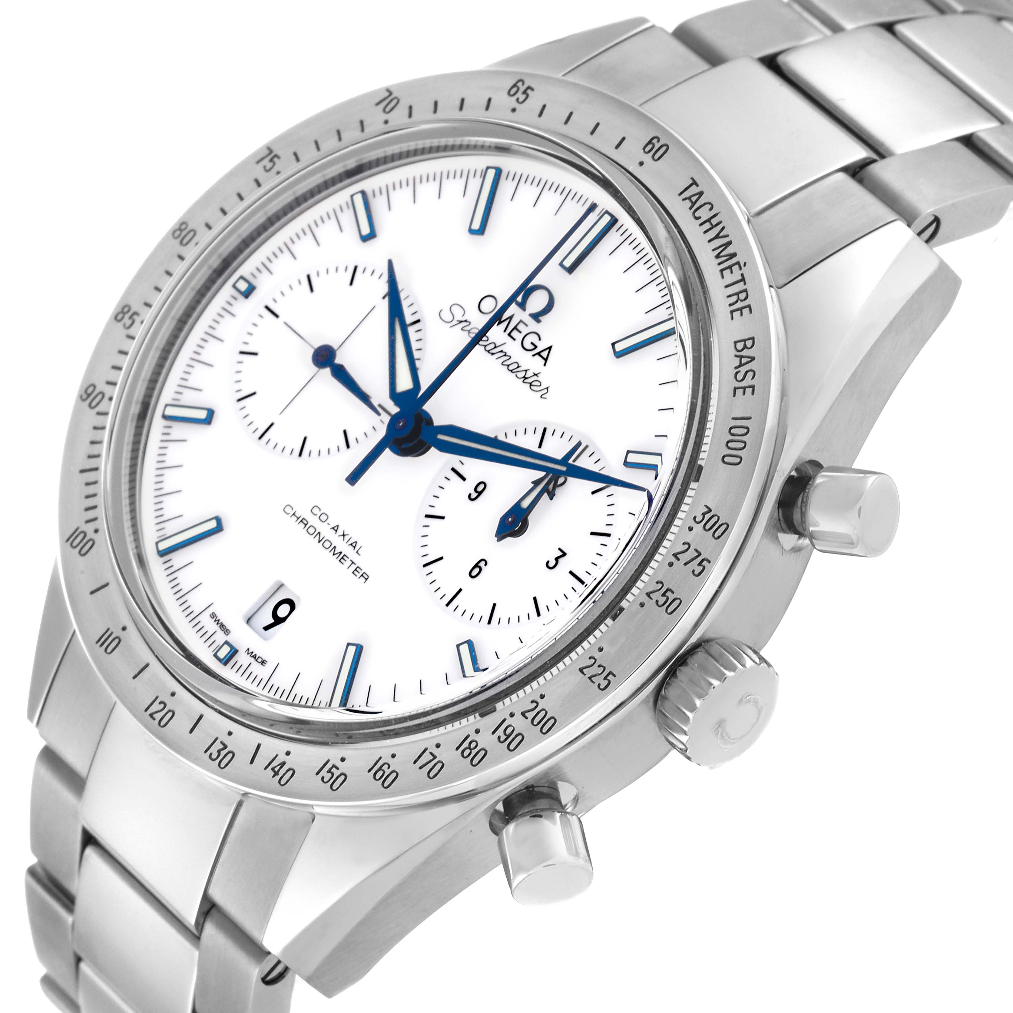 This Omega Speedmaster 331.90.42.51.04.001 Men's Titanium White Dial 331.90.42.51.04.001 Men's Titanium White Dial watch is shown at an angle highlighting the face, pushers, crown, and metal bracelet.