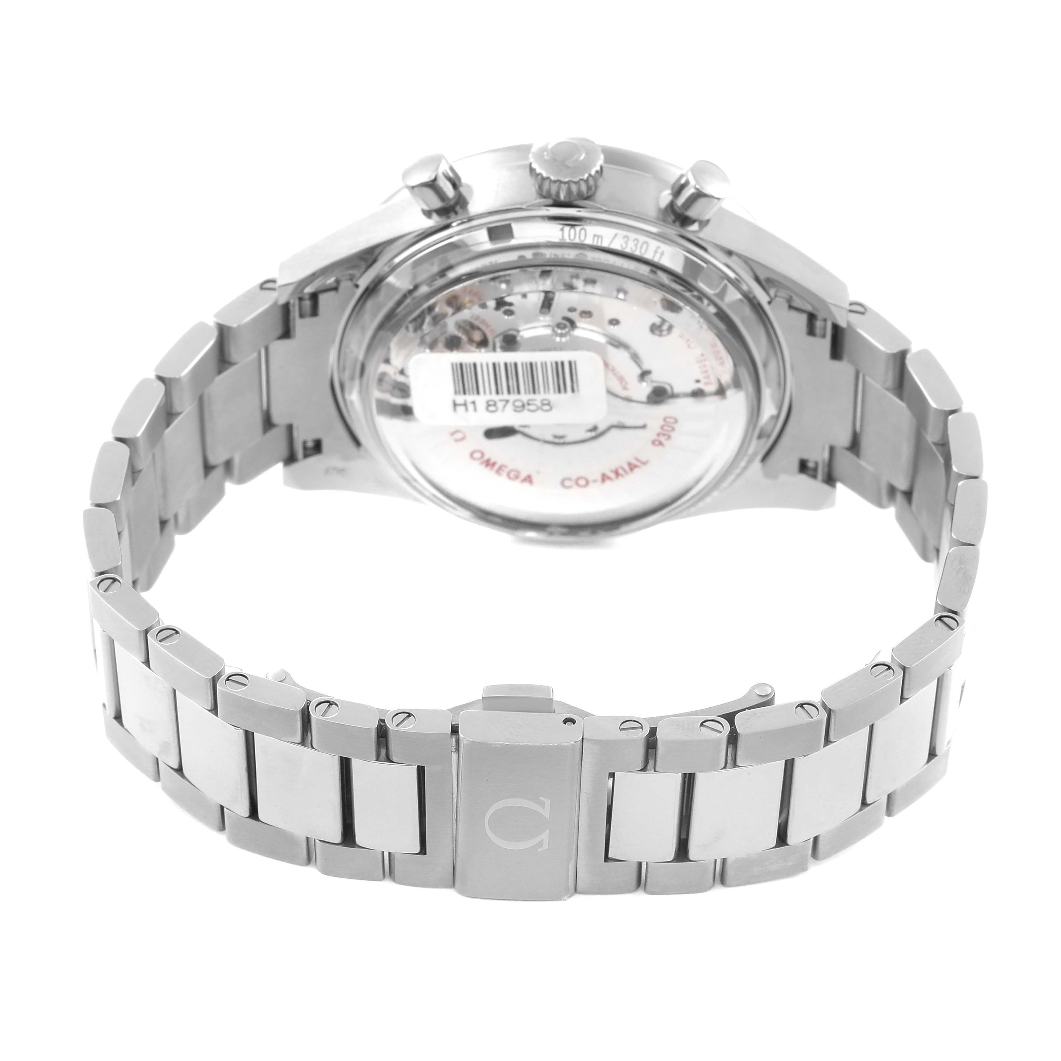 The image shows the back view of an Omega Speedmaster 331.90.42.51.04.001 Men's Titanium White Dial 331.90.42.51.04.001 Men's Titanium White Dial watch, highlighting its metal bracelet and transparent case back.